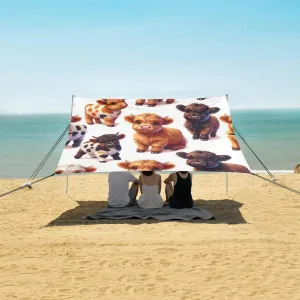 Cartoon Baby Highland Cows Beach Canopy Tent Anti-UV & Wind Resistant, Camping Sun Shelter Easy Setup Portable,Outdoor Shade Tents with Sandbags,Sand Shovels,Ground Pegs & Stability Poles