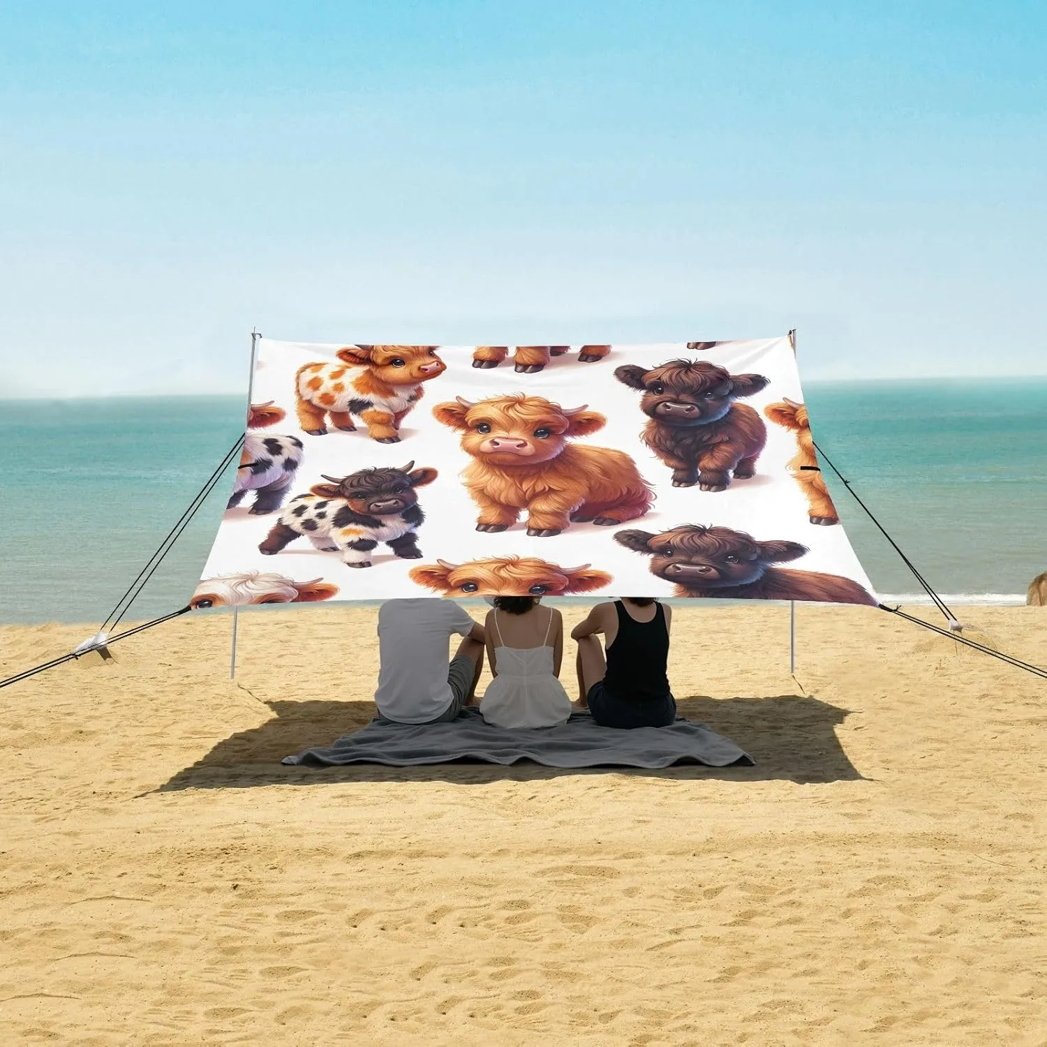 Cartoon Baby Highland Cows Beach Canopy Tent Anti-UV & Wind Resistant, Camping Sun Shelter Easy Setup Portable,Outdoor Shade Tents with Sandbags,Sand Shovels,Ground Pegs & Stability Poles