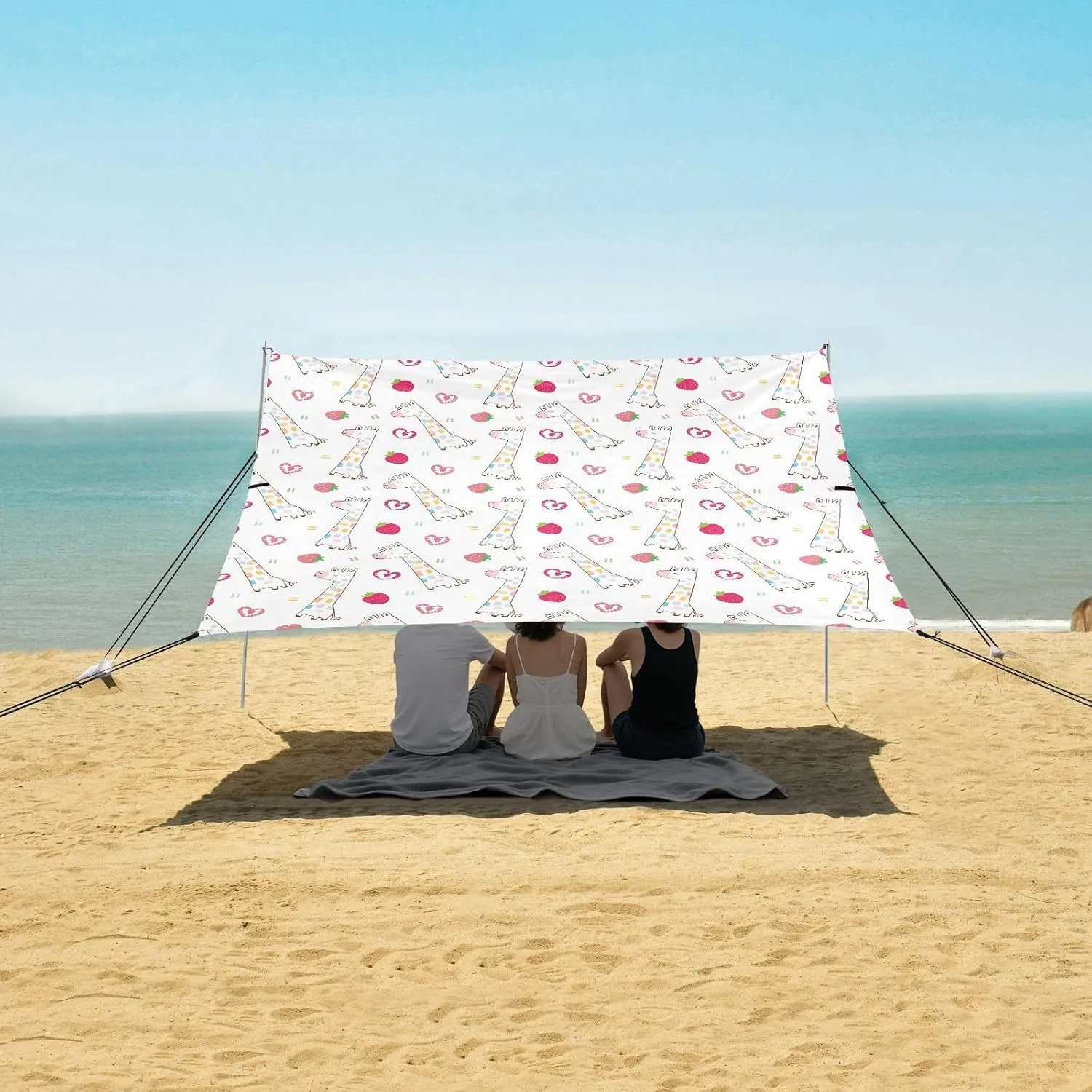 Cartoon Giraffe Strawberry Beach Canopy Tent Anti-UV & Wind Resistant, Camping Sun Shelter Easy Setup Portable,Outdoor Shade Tents with Sandbags,Sand Shovels,Ground Pegs & Stability Poles