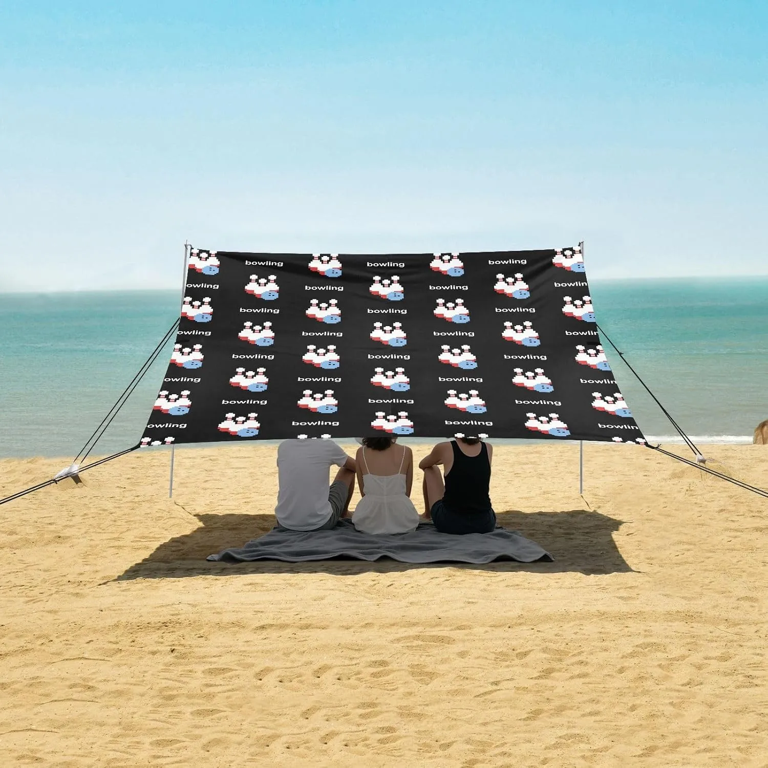 Cartoon Pixel Bowling Pattern Beach Canopy Tent Anti-UV & Wind Resistant, Camping Sun Shelter Easy Setup Portable,Outdoor Shade Tents with Sandbags,Sand Shovels,Ground Pegs & Stability Poles
