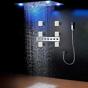 Cascada Classic Design 23"x31" Large shower Set with Waterfall LED rectangle recessed 4 function shower head, massaging body jets & handheld, remote control, Stainless Steel (23"x31", Antique Brass)