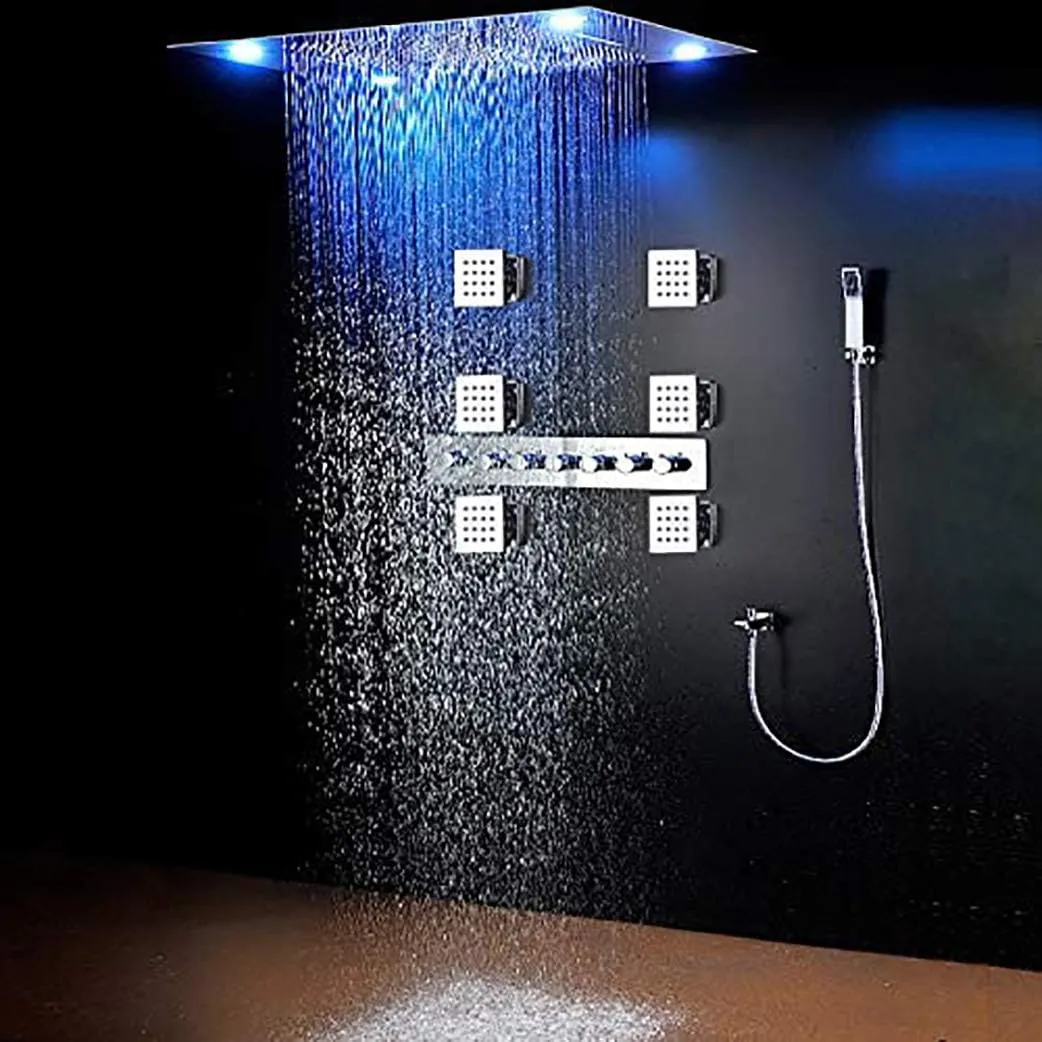 Cascada Classic Design 23"x31" Large shower Set with Waterfall LED rectangle recessed 4 function shower head, massaging body jets & handheld, remote control, Stainless Steel (23"x31", Antique Brass)