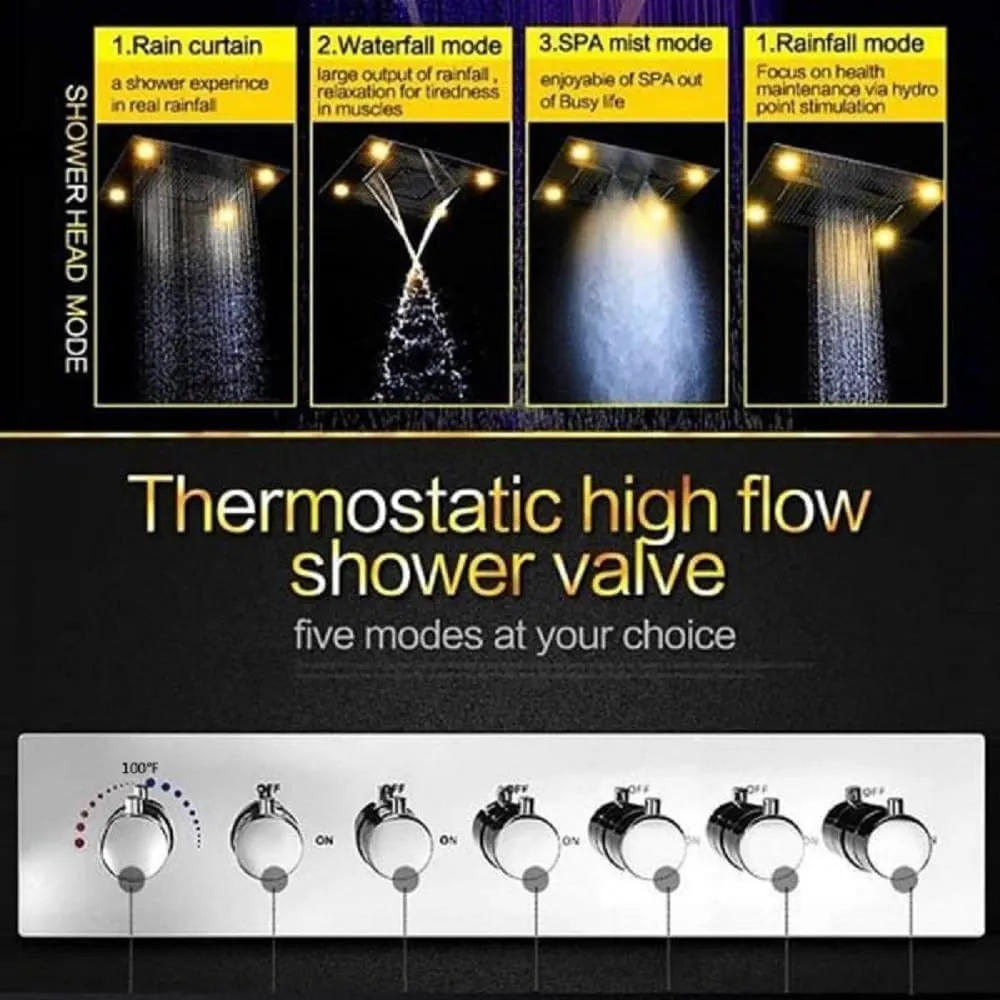 Cascada Classic Design 23"x31" Large shower Set with Waterfall LED rectangle recessed 4 function shower head, massaging body jets & handheld, remote control, Stainless Steel (23"x31", Antique Brass)