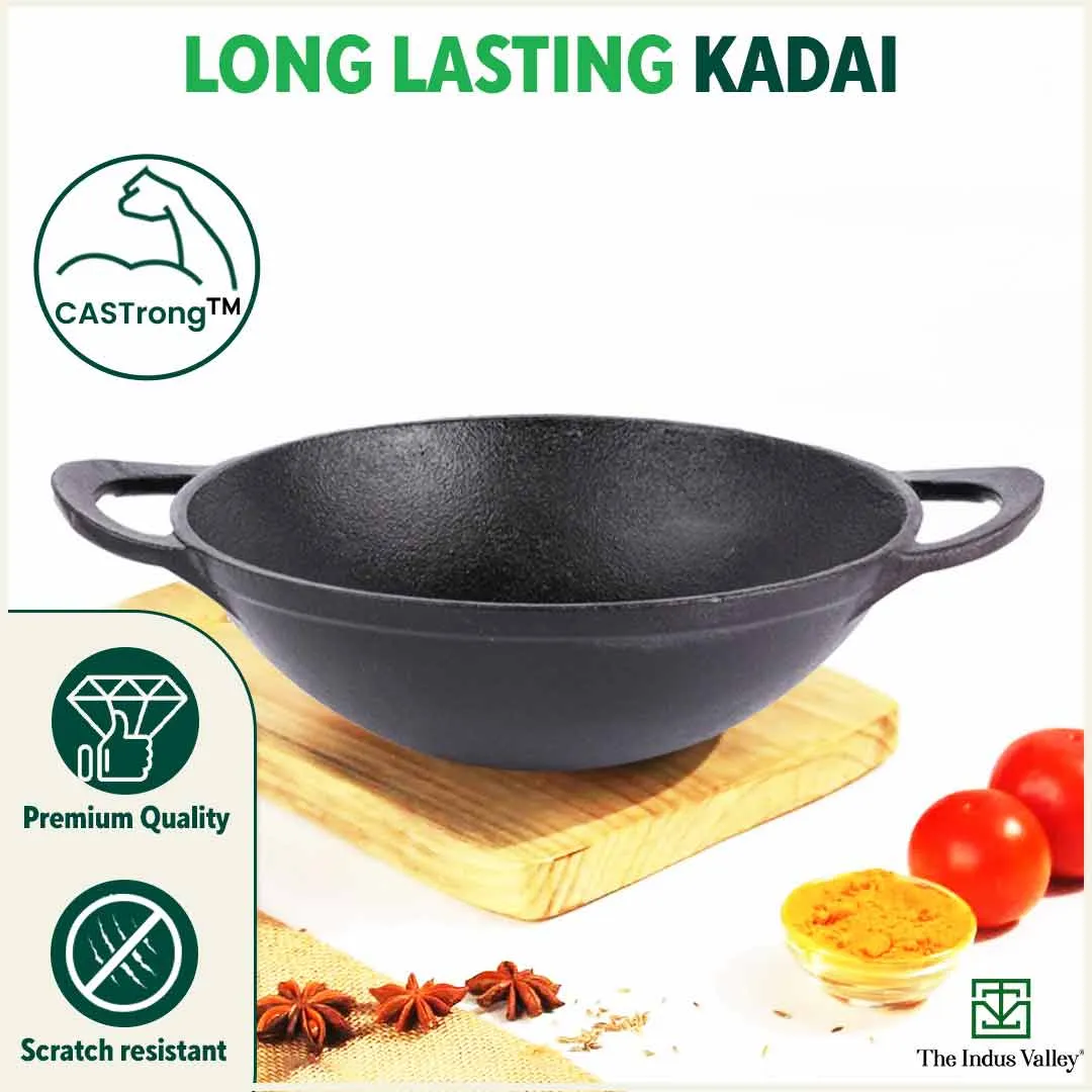CASTrong Cast Iron Cookware Set - Kadai [1.4L] Kadai [2.2L],Pre-seasoned,100% Pure,Toxin-free