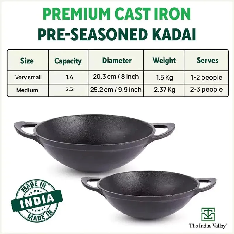 CASTrong Cast Iron Cookware Set - Kadai [1.4L] Kadai [2.2L],Pre-seasoned,100% Pure,Toxin-free