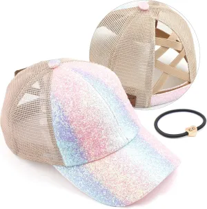 C.C Ponycap Messy High Bun Ponytail Adjustable Glitter Mesh Trucker Baseball Cap