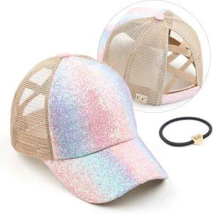 C.C Ponycap Messy High Bun Ponytail Adjustable Glitter Mesh Trucker Baseball Cap