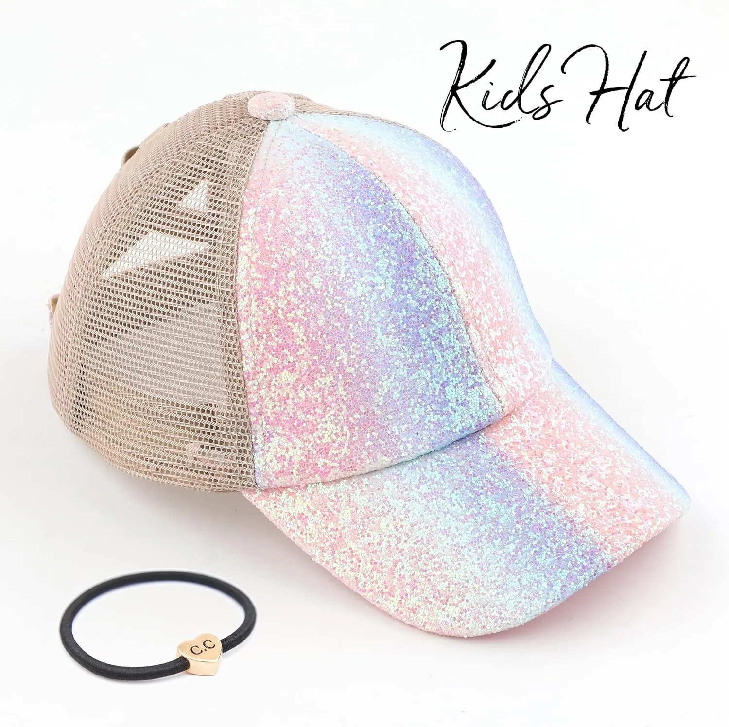 C.C Ponycap Messy High Bun Ponytail Adjustable Glitter Mesh Trucker Baseball Cap