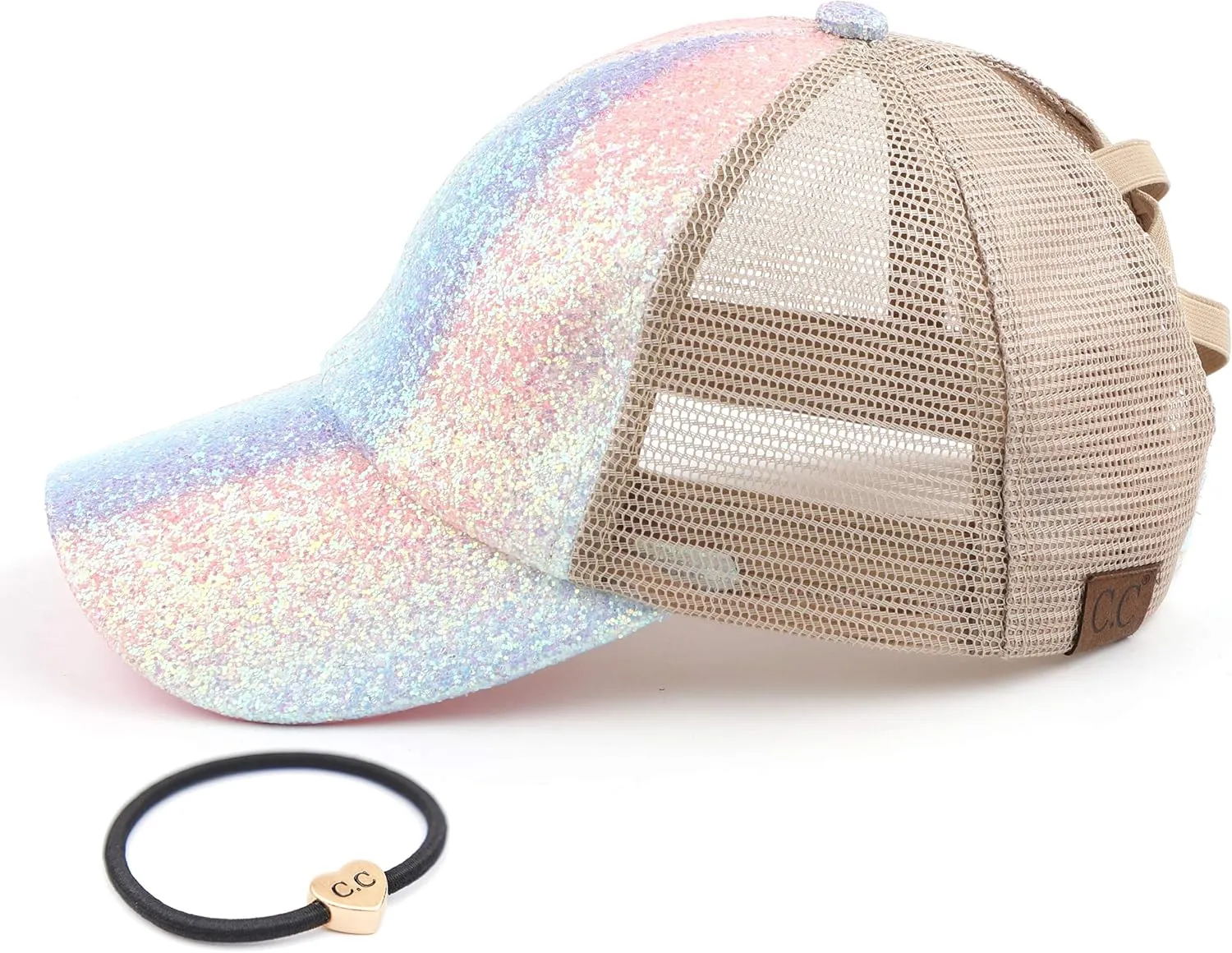 C.C Ponycap Messy High Bun Ponytail Adjustable Glitter Mesh Trucker Baseball Cap