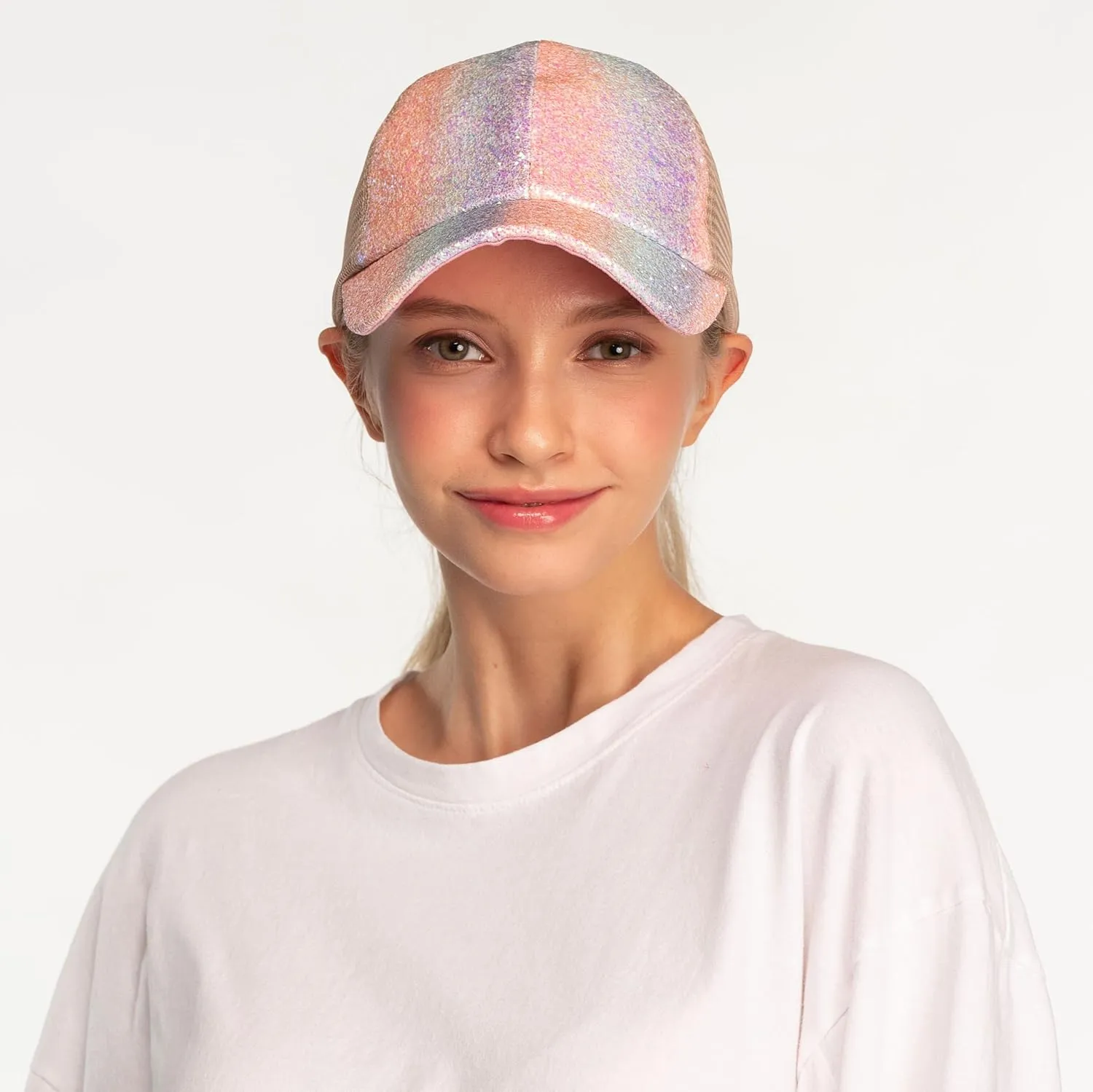 C.C Ponycap Messy High Bun Ponytail Adjustable Glitter Mesh Trucker Baseball Cap