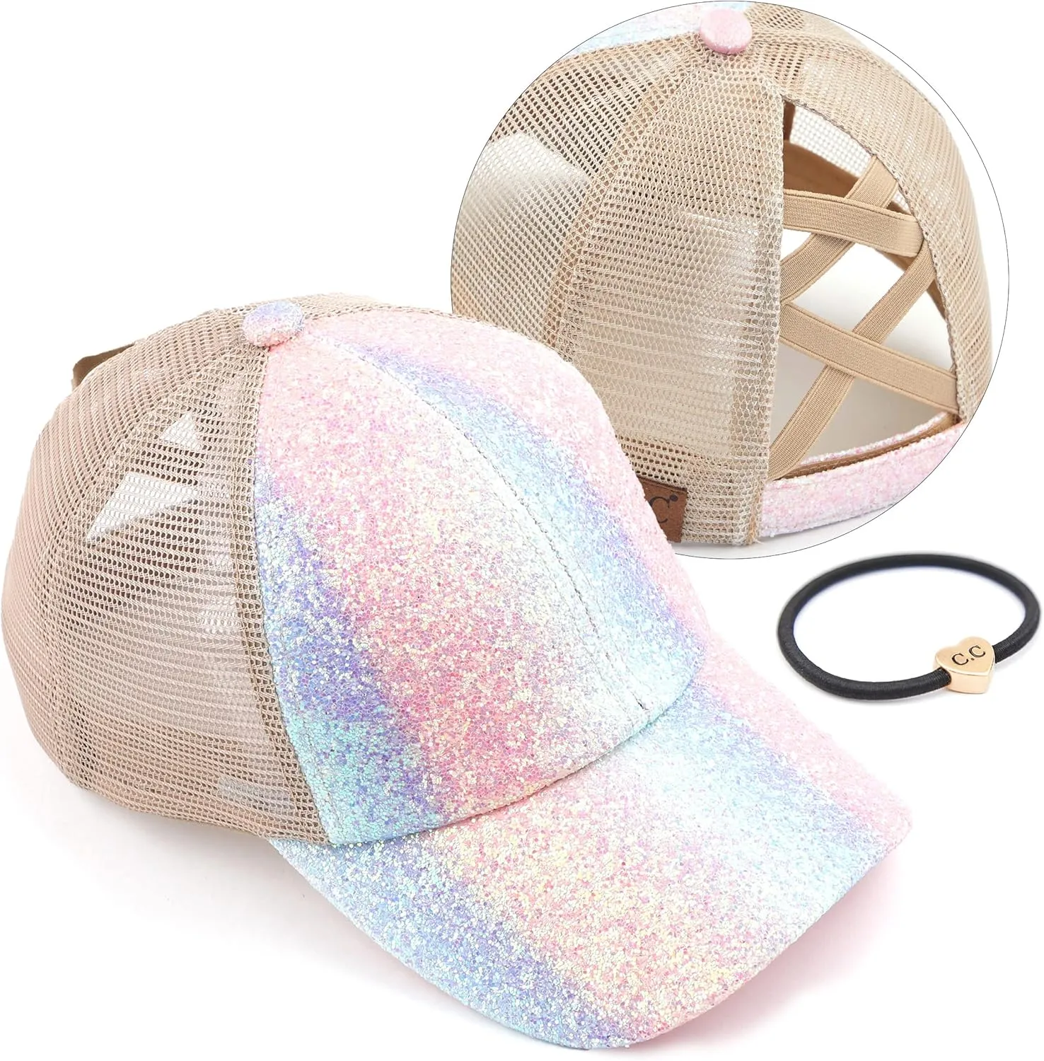C.C Ponycap Messy High Bun Ponytail Adjustable Glitter Mesh Trucker Baseball Cap
