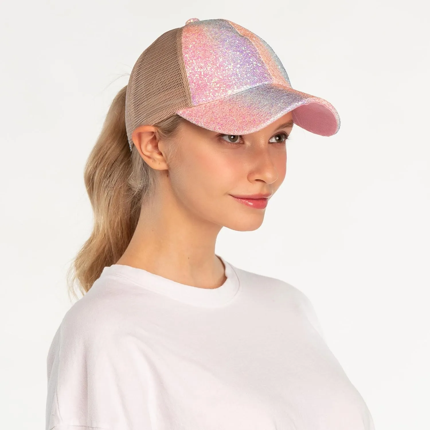 C.C Ponycap Messy High Bun Ponytail Adjustable Glitter Mesh Trucker Baseball Cap