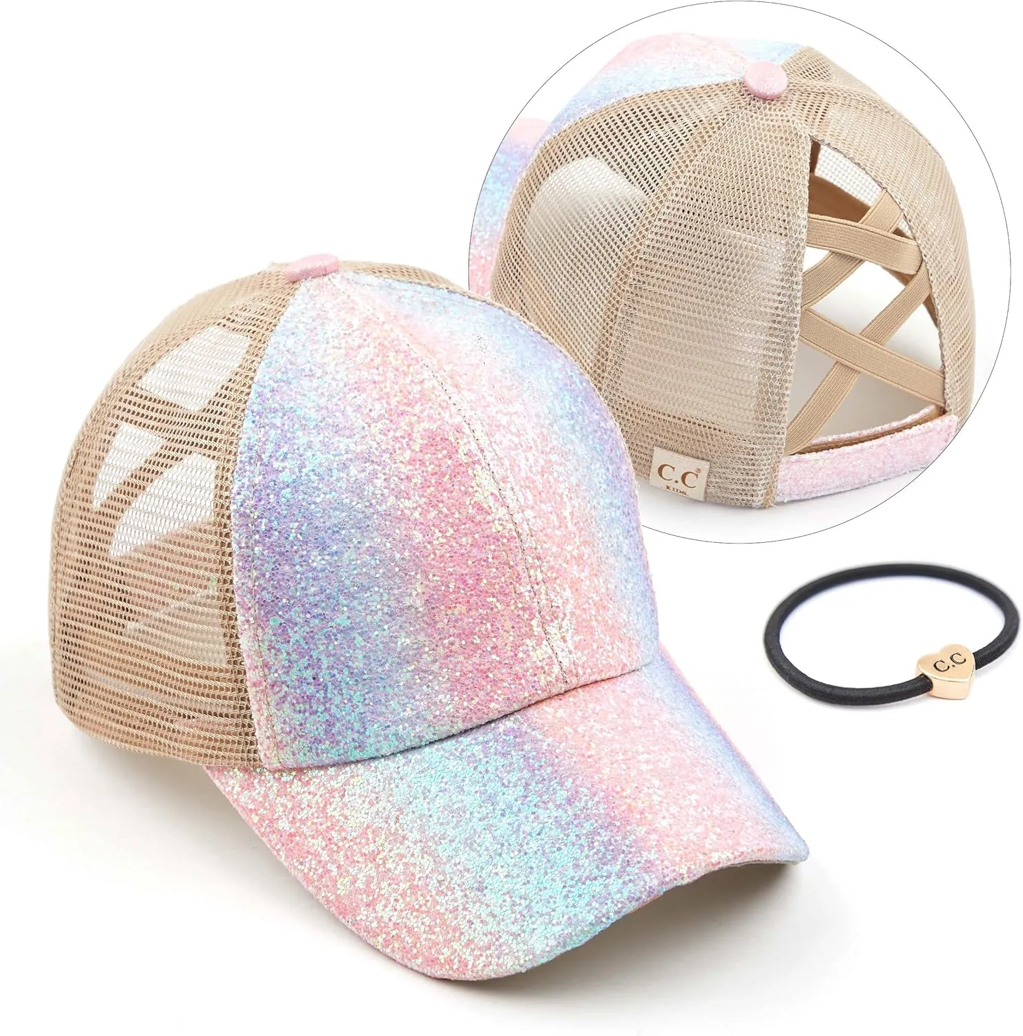 C.C Ponycap Messy High Bun Ponytail Adjustable Glitter Mesh Trucker Baseball Cap