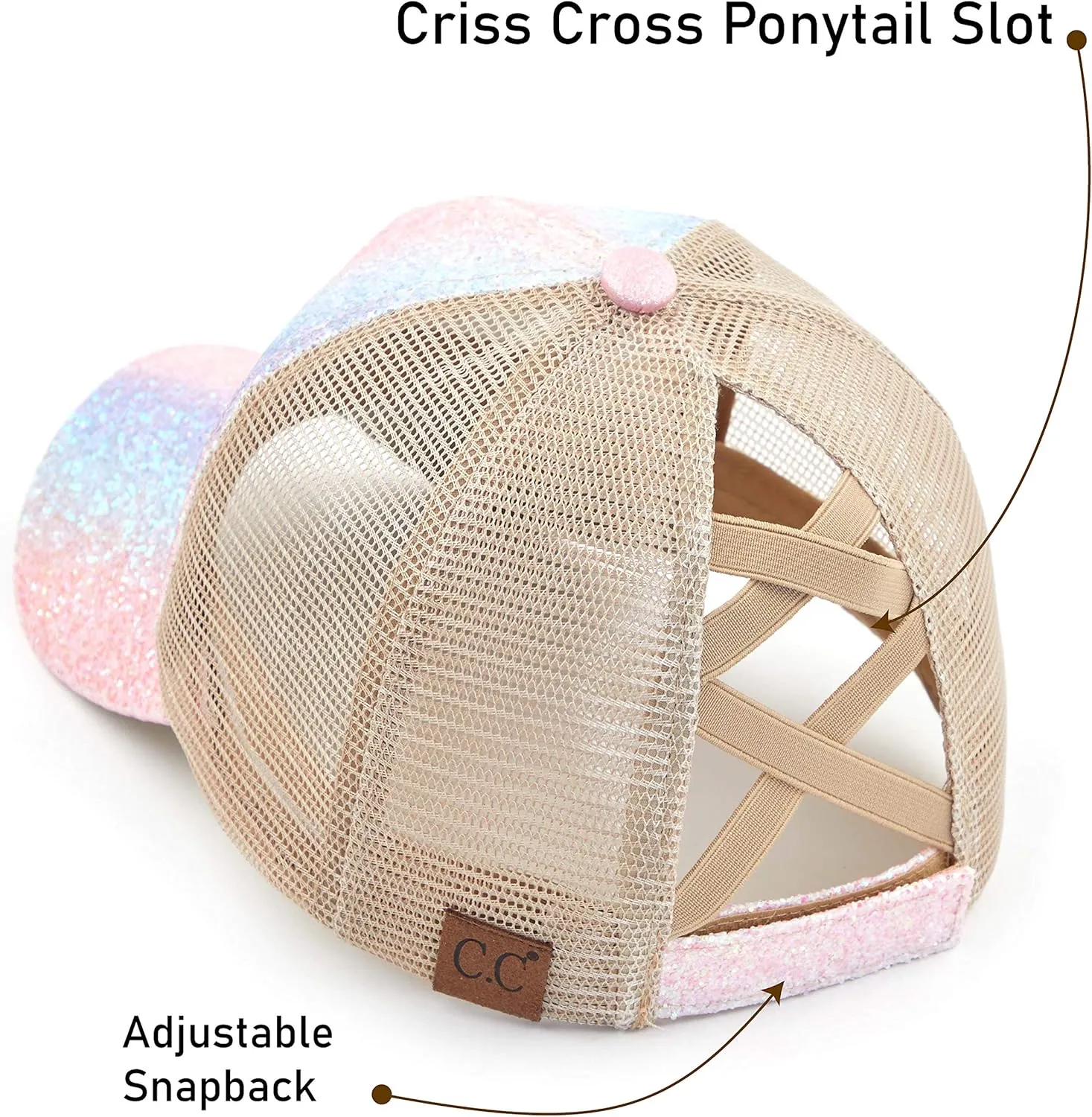 C.C Ponycap Messy High Bun Ponytail Adjustable Glitter Mesh Trucker Baseball Cap