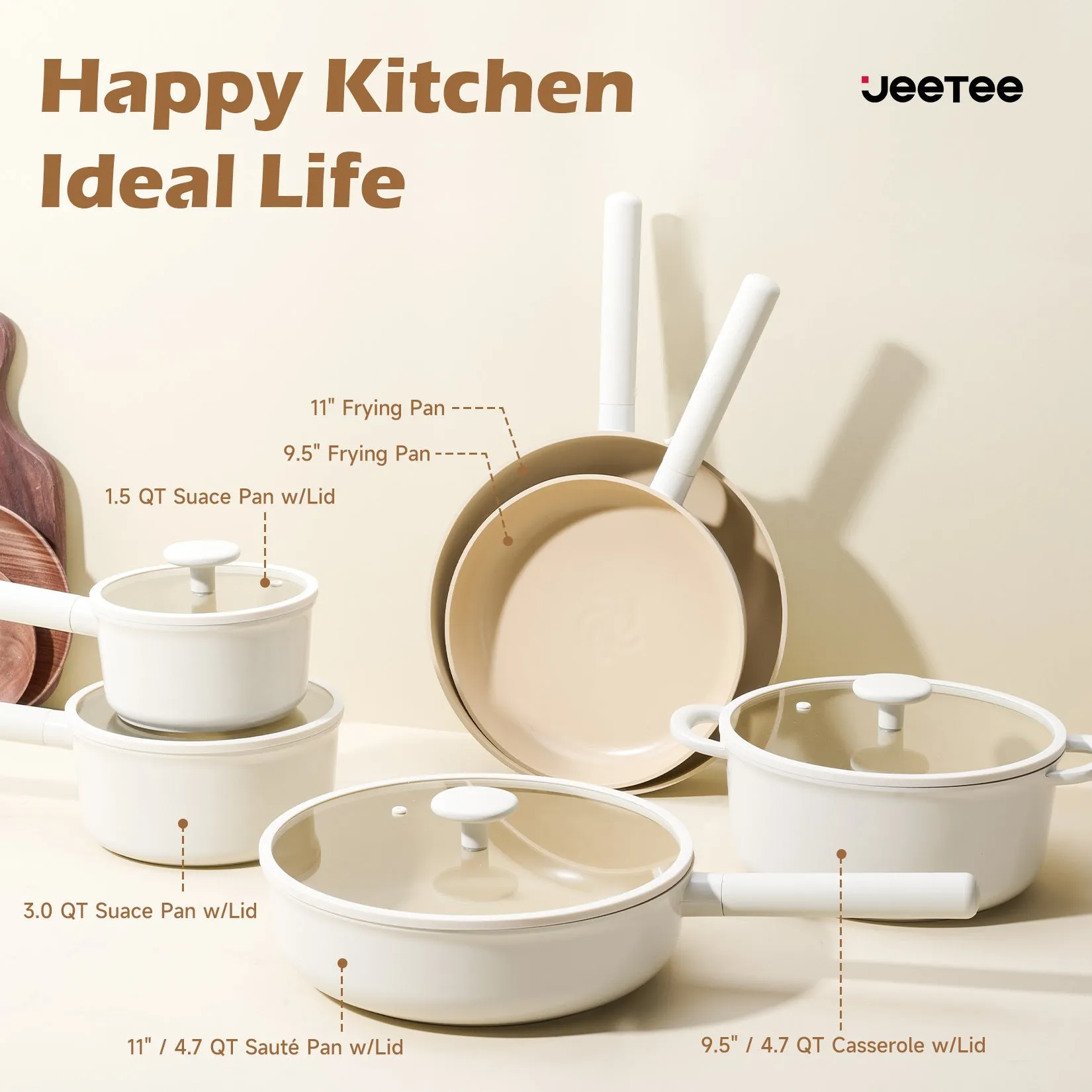 Ceramic Cookware Sets, Pots And Pans Set Non Stick, Healthy Induction Kitchen Cooking Set With Removable Handles, Stackable Pots Pans, Oven Safe, PFOA,PFOS Free, Beige