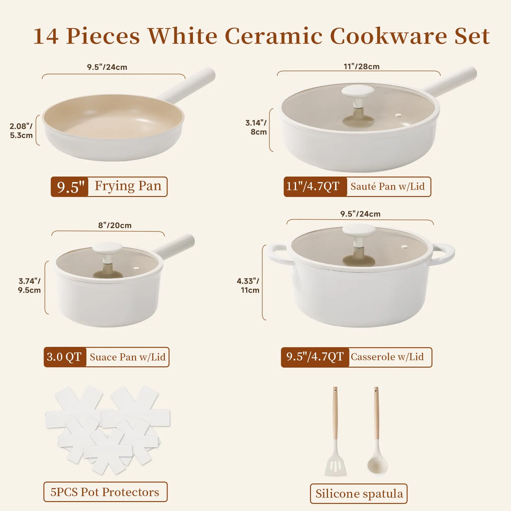 Ceramic Cookware Sets, Pots And Pans Set Non Stick, Healthy Induction Kitchen Cooking Set With Removable Handles, Stackable Pots Pans, Oven Safe, PFOA,PFOS Free, Beige