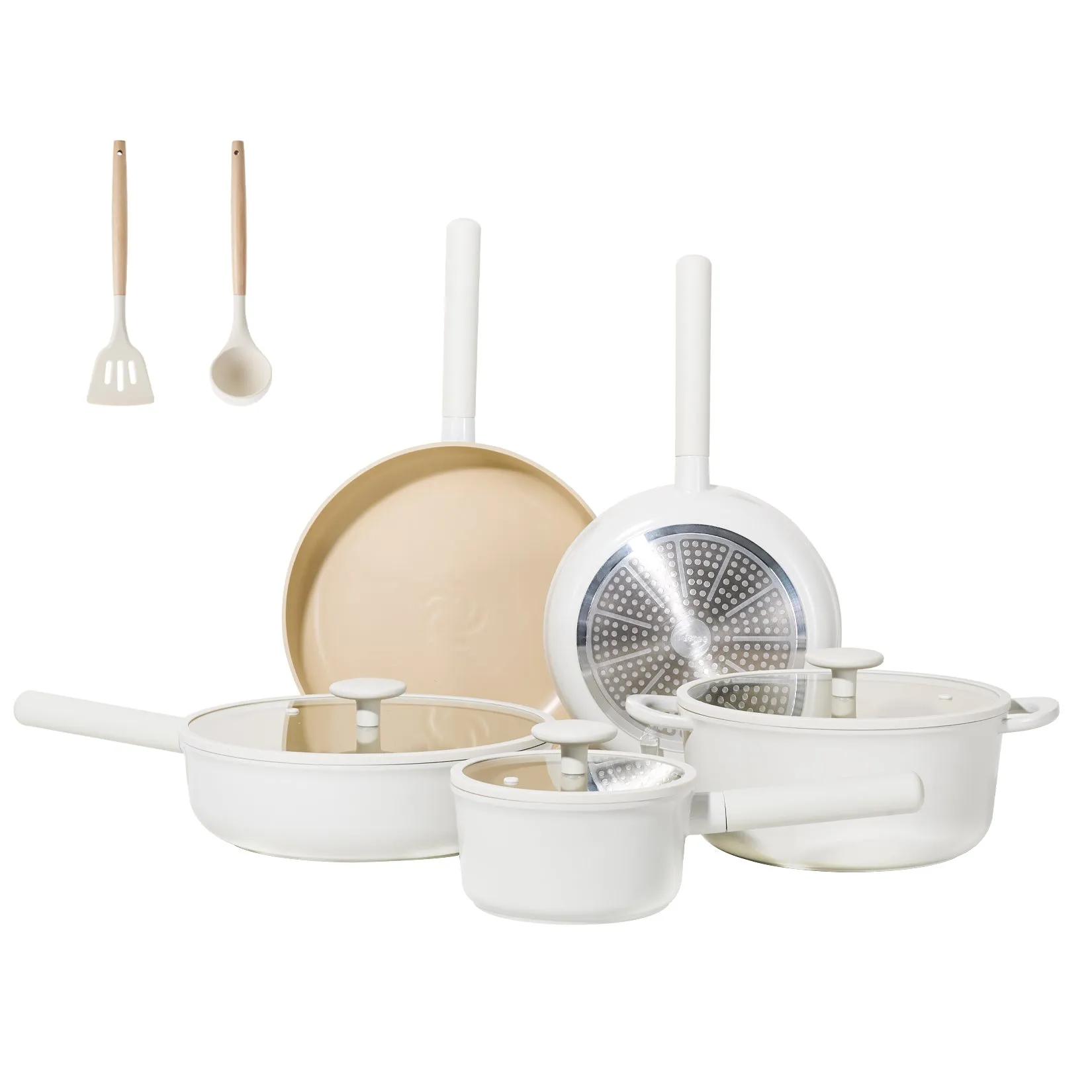 Ceramic Cookware Sets, Pots And Pans Set Non Stick, Healthy Induction Kitchen Cooking Set With Removable Handles, Stackable Pots Pans, Oven Safe, PFOA,PFOS Free, Beige
