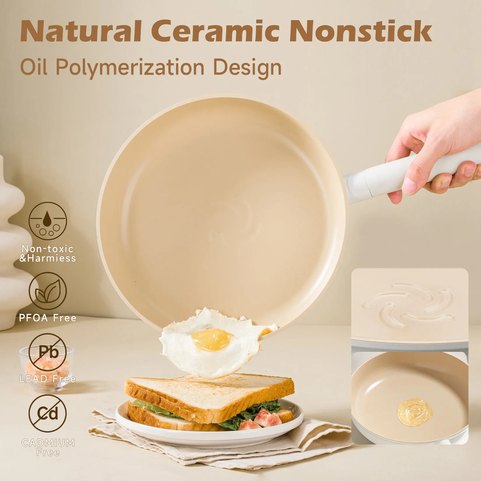 Ceramic Cookware Sets, Pots And Pans Set Non Stick, Healthy Induction Kitchen Cooking Set With Removable Handles, Stackable Pots Pans, Oven Safe, PFOA,PFOS Free, Beige