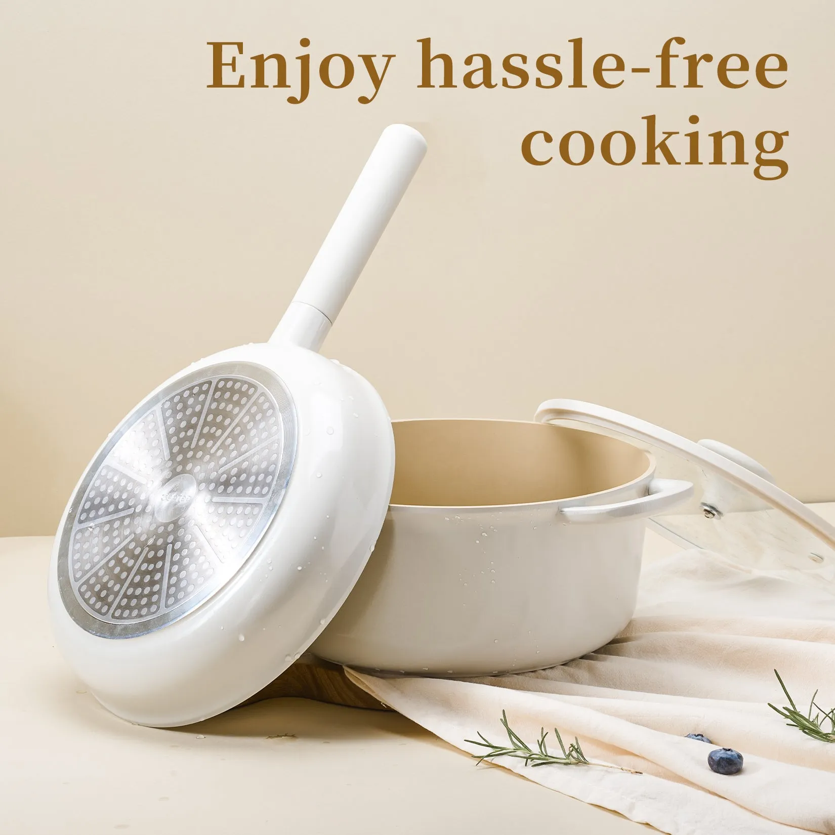 Ceramic Cookware Sets, Pots And Pans Set Non Stick, Healthy Induction Kitchen Cooking Set With Removable Handles, Stackable Pots Pans, Oven Safe, PFOA,PFOS Free, Beige