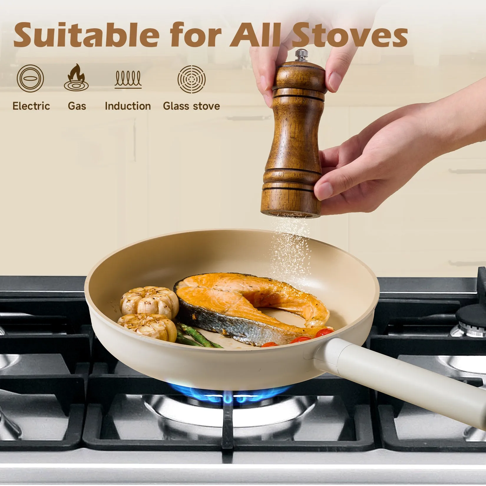Ceramic Cookware Sets, Pots And Pans Set Non Stick, Healthy Induction Kitchen Cooking Set With Removable Handles, Stackable Pots Pans, Oven Safe, PFOA,PFOS Free, Beige