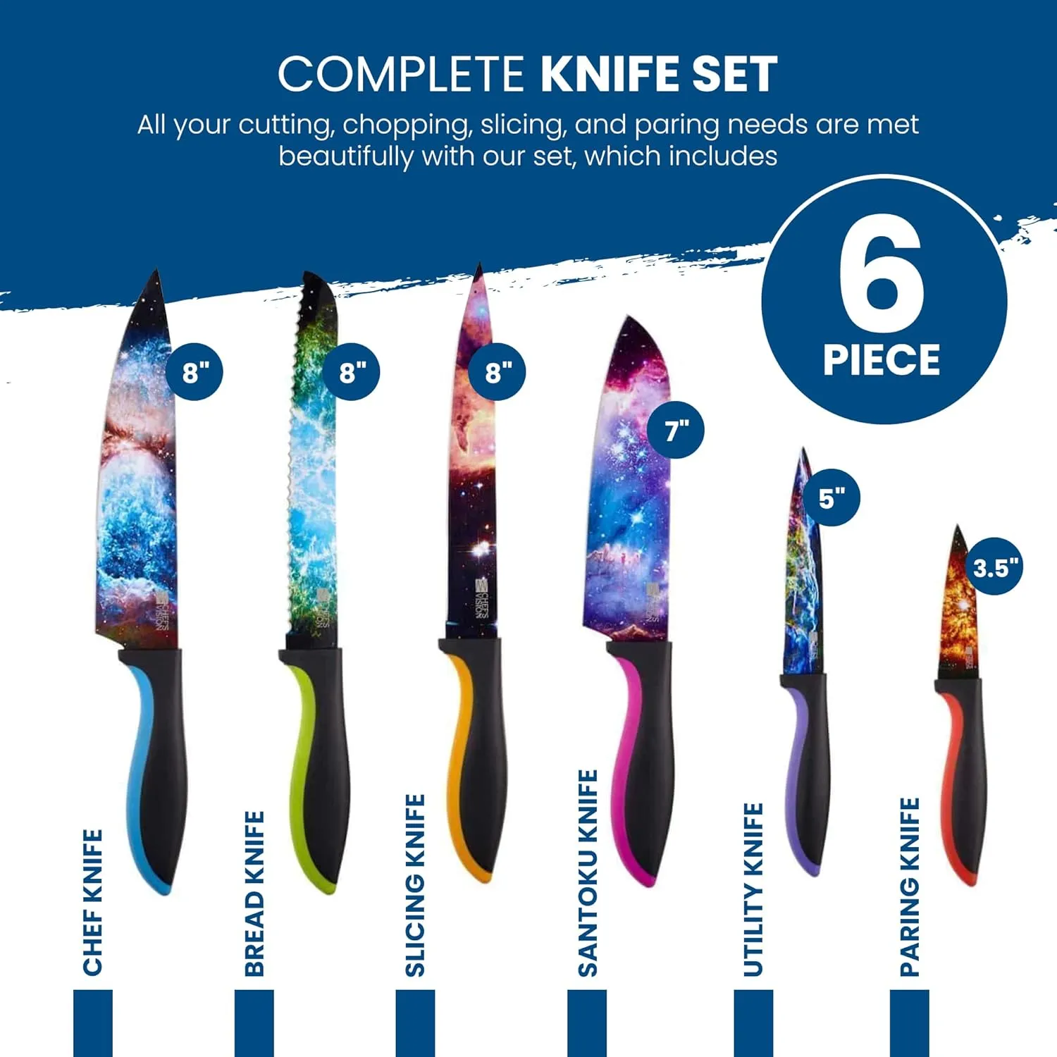 CHEF'S VISION Cosmos Knife Set - 6-Piece Stainless Steel Cutting Knives Set for Kitchen with Vibrant Cosmos Design - Great House Warming Gift for Women or Men - Unique Kitchen Knife Set Gift