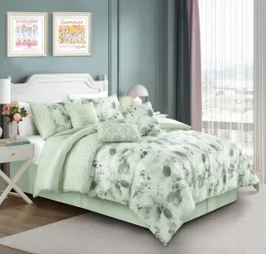 Chezmoi Collection Allery 7-Piece Floral Botanical Comforter Set King - Floral Embroidery Multicolor Soft Pastel Green White Floral Leaves Printed Microfiber Lightweight Bedding Set