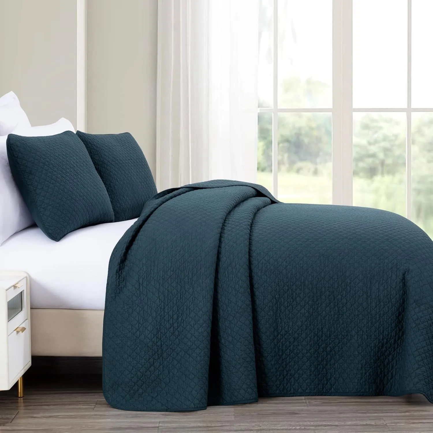 Chezmoi Collection Avon 3-Piece Dark Blue Quilt Set Queen Size - Soft Washed 100% Cotton Diamond Stitch Quilted Lightweight Bedspread for All Season
