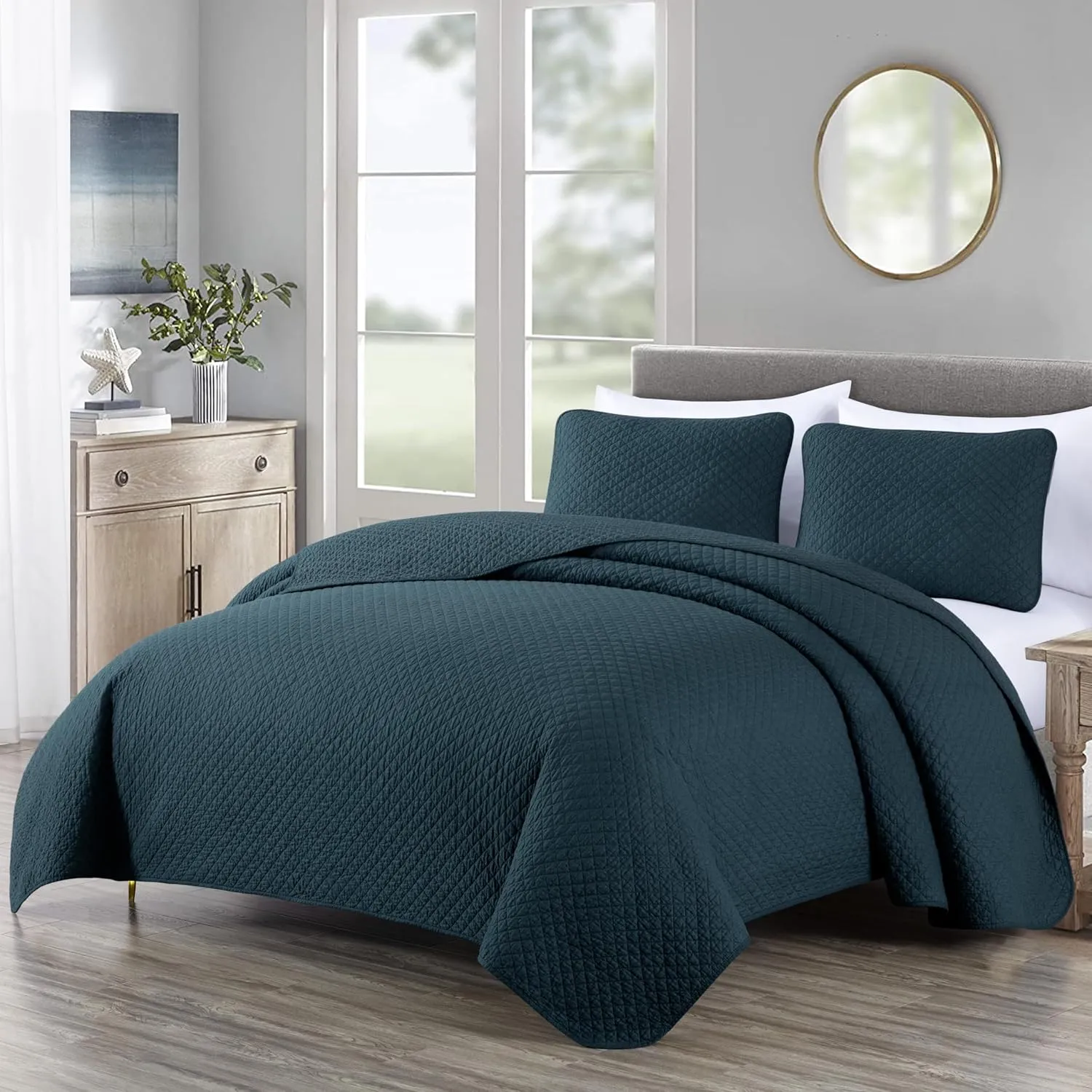 Chezmoi Collection Avon 3-Piece Dark Blue Quilt Set Queen Size - Soft Washed 100% Cotton Diamond Stitch Quilted Lightweight Bedspread for All Season