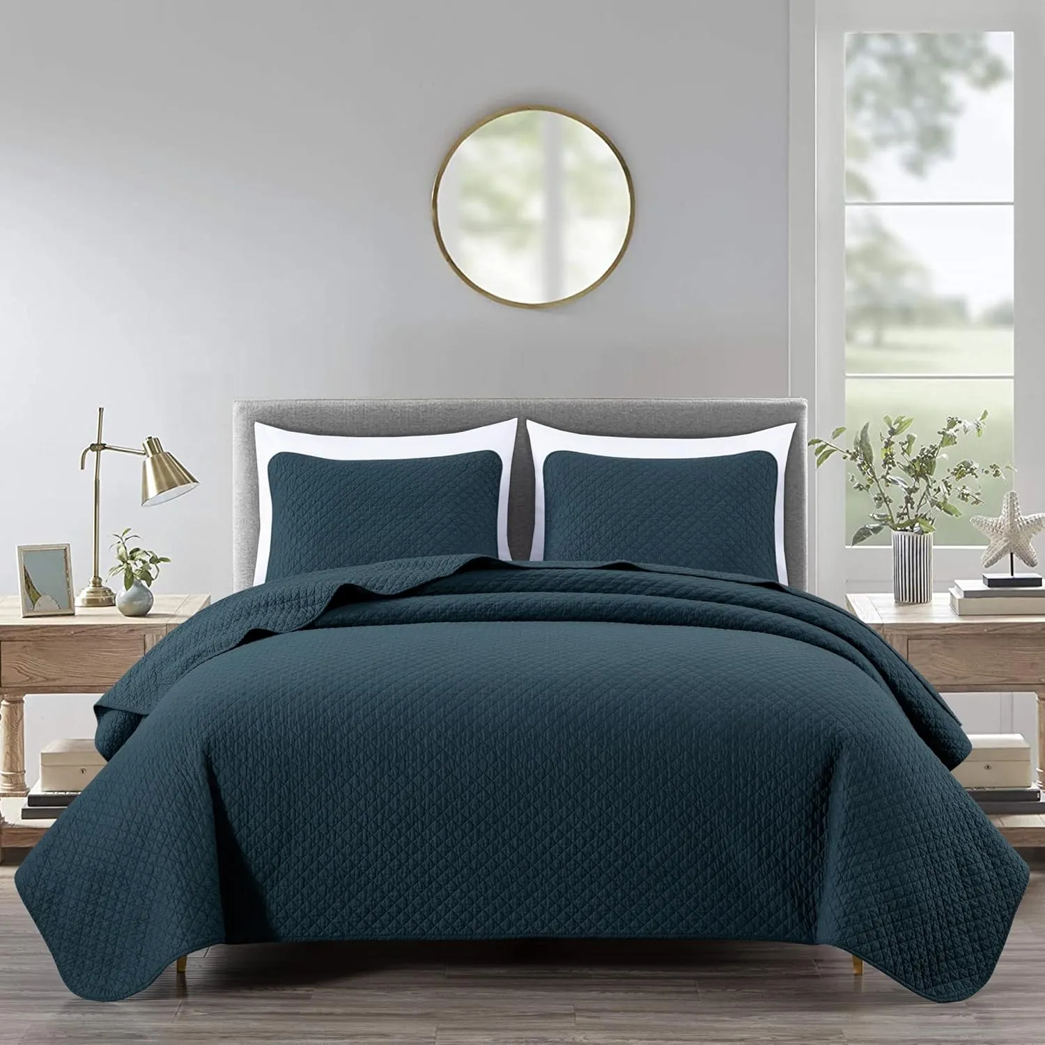 Chezmoi Collection Avon 3-Piece Dark Blue Quilt Set Queen Size - Soft Washed 100% Cotton Diamond Stitch Quilted Lightweight Bedspread for All Season