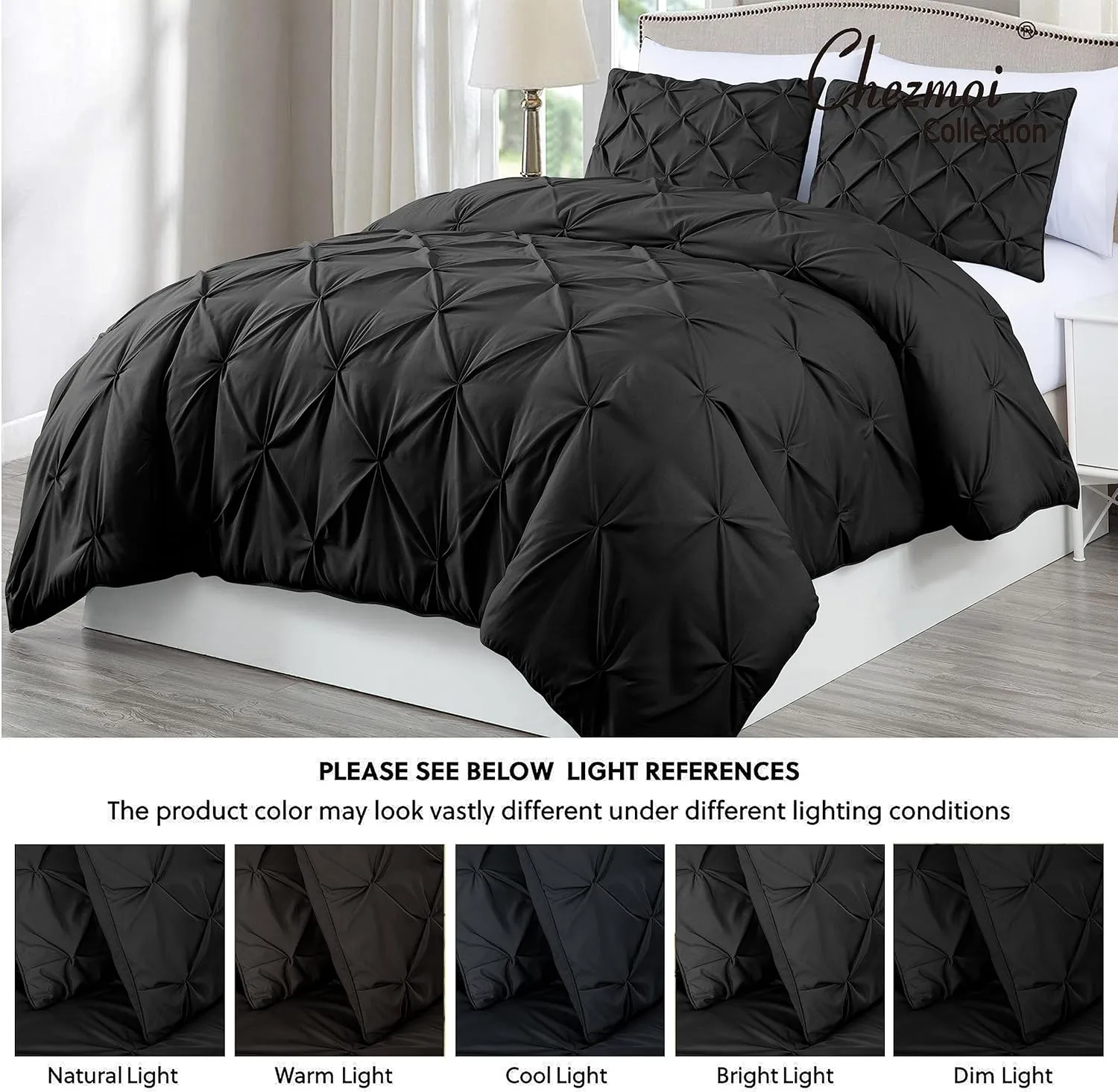 Chezmoi Collection Berlin Black Pinch Pleat Full Comforter Set, 3-Piece (Comforter and Pillow Shams) - Soft Pintuck, Lightweight All Season Microfiber