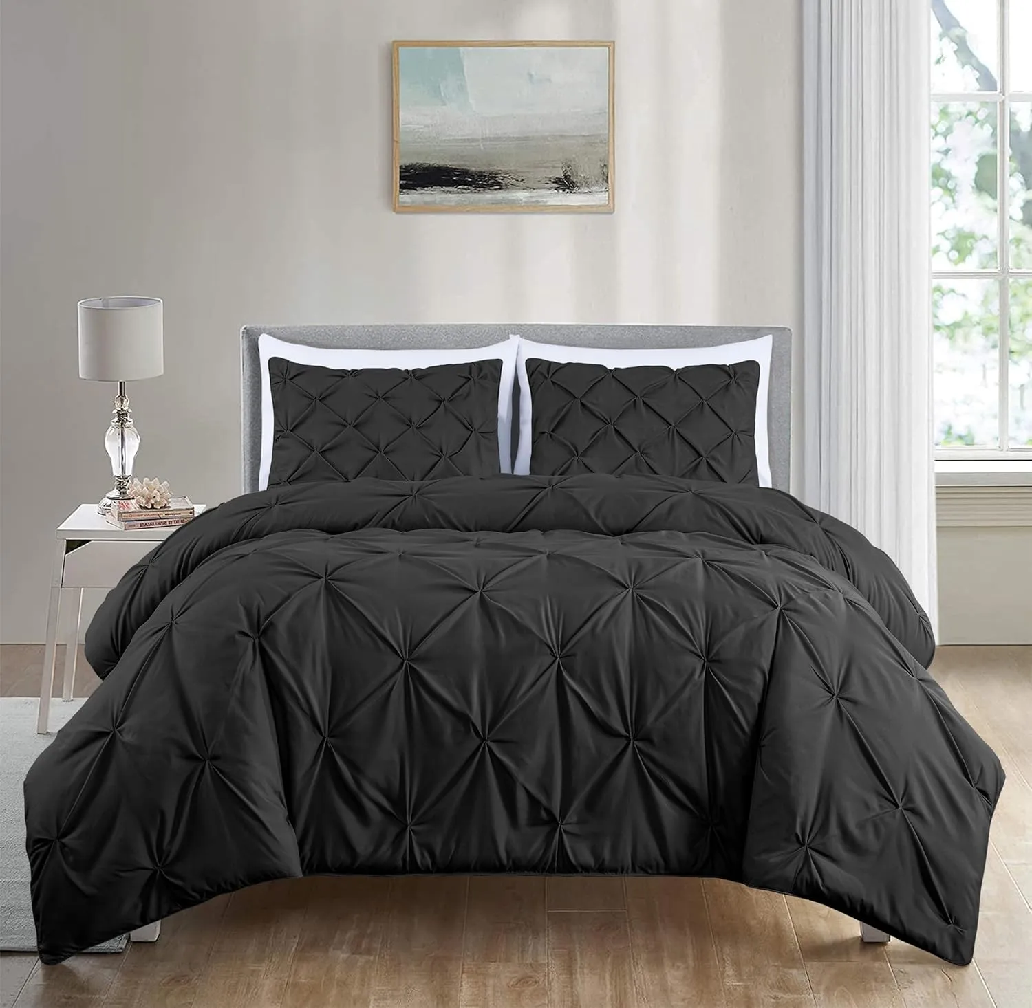Chezmoi Collection Berlin Black Pinch Pleat Full Comforter Set, 3-Piece (Comforter and Pillow Shams) - Soft Pintuck, Lightweight All Season Microfiber