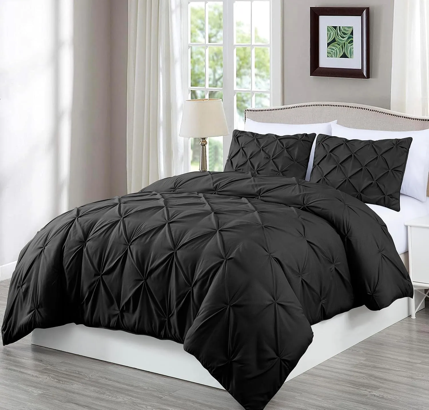 Chezmoi Collection Berlin Black Pinch Pleat Full Comforter Set, 3-Piece (Comforter and Pillow Shams) - Soft Pintuck, Lightweight All Season Microfiber