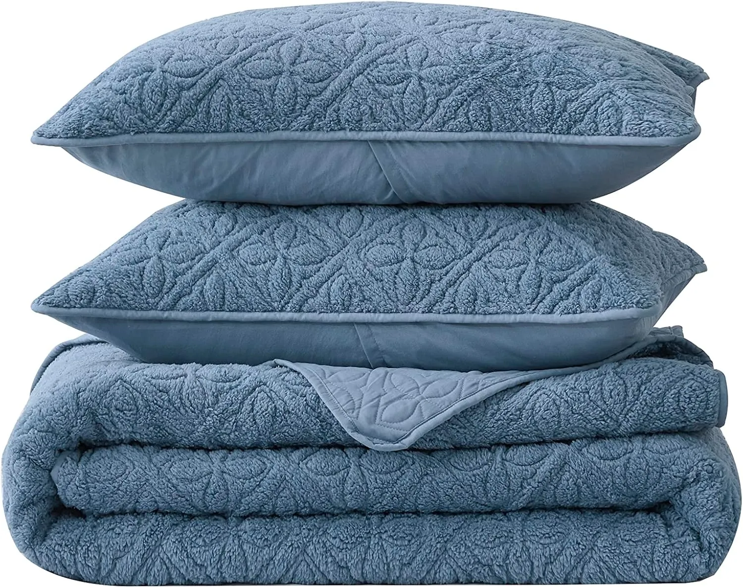 Chezmoi Collection Bethany 3-Piece Queen Sherpa Quilt Set - Floral Quilted Sherpa Blanket Reversible Washed Microfiber Lightweight Bedspread - Queen Size, Blue