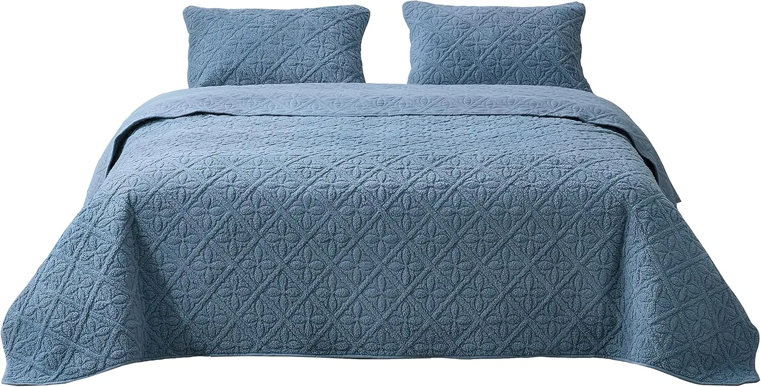 Chezmoi Collection Bethany 3-Piece Queen Sherpa Quilt Set - Floral Quilted Sherpa Blanket Reversible Washed Microfiber Lightweight Bedspread - Queen Size, Blue