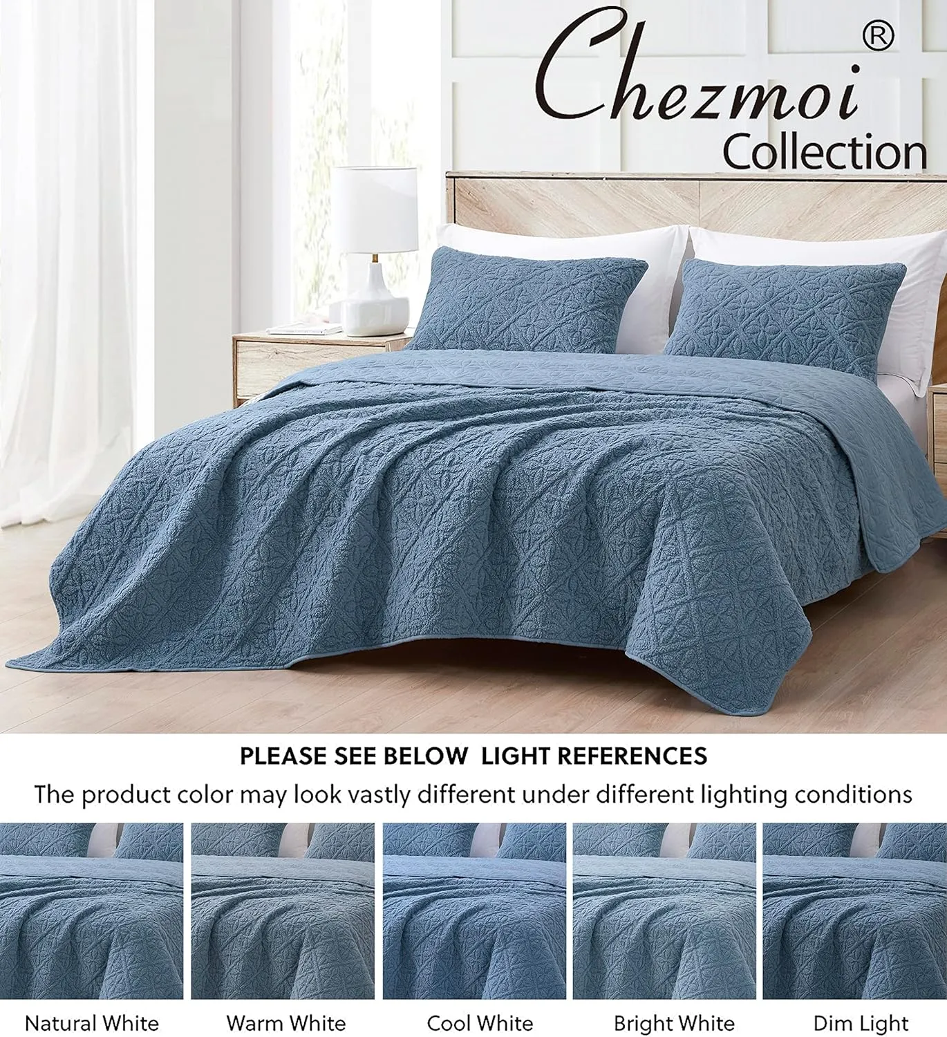 Chezmoi Collection Bethany 3-Piece Queen Sherpa Quilt Set - Floral Quilted Sherpa Blanket Reversible Washed Microfiber Lightweight Bedspread - Queen Size, Blue
