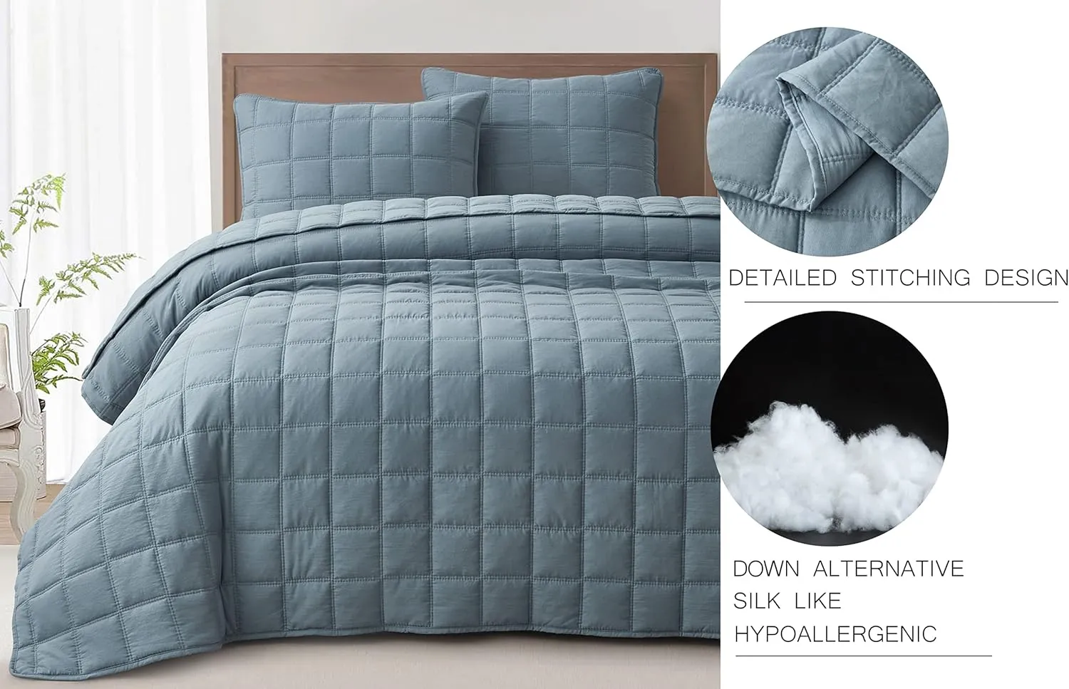 Chezmoi Collection Branson 3-Piece Dusty Blue King Size Quilt Set - Stone-Washed Detailed Square Stitch Soft Microfiber Lightweight Quilted Bedspread Coverlet Set for All Seasons