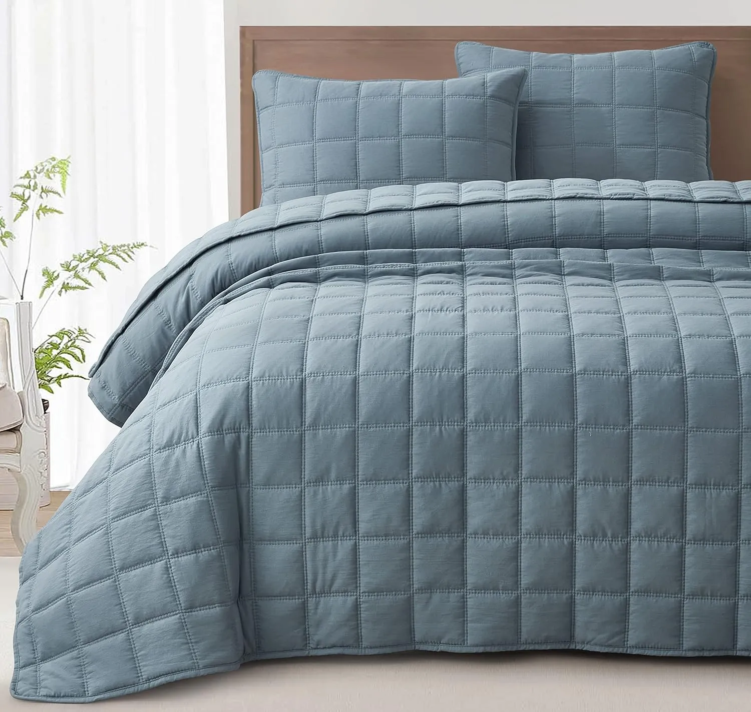 Chezmoi Collection Branson 3-Piece Dusty Blue King Size Quilt Set - Stone-Washed Detailed Square Stitch Soft Microfiber Lightweight Quilted Bedspread Coverlet Set for All Seasons