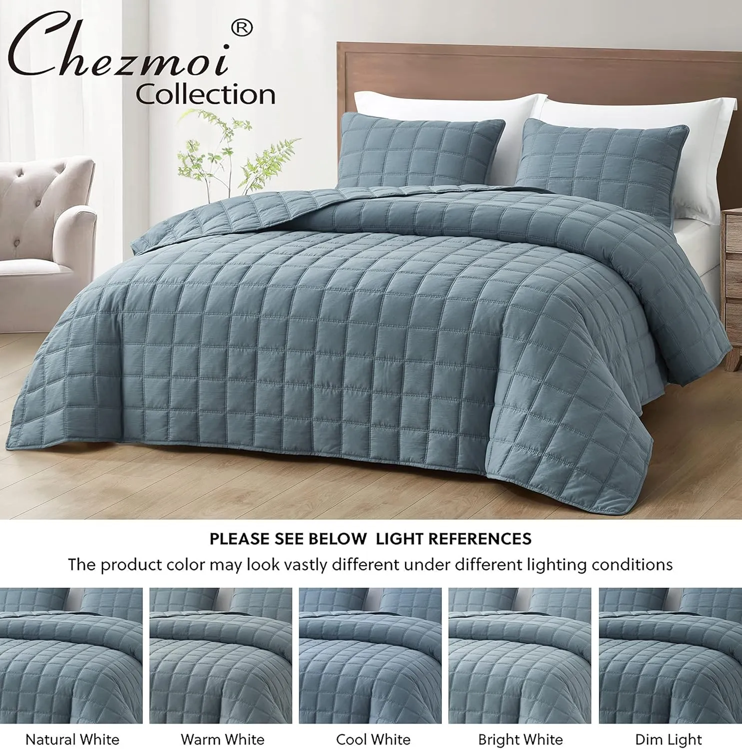 Chezmoi Collection Branson 3-Piece Dusty Blue King Size Quilt Set - Stone-Washed Detailed Square Stitch Soft Microfiber Lightweight Quilted Bedspread Coverlet Set for All Seasons