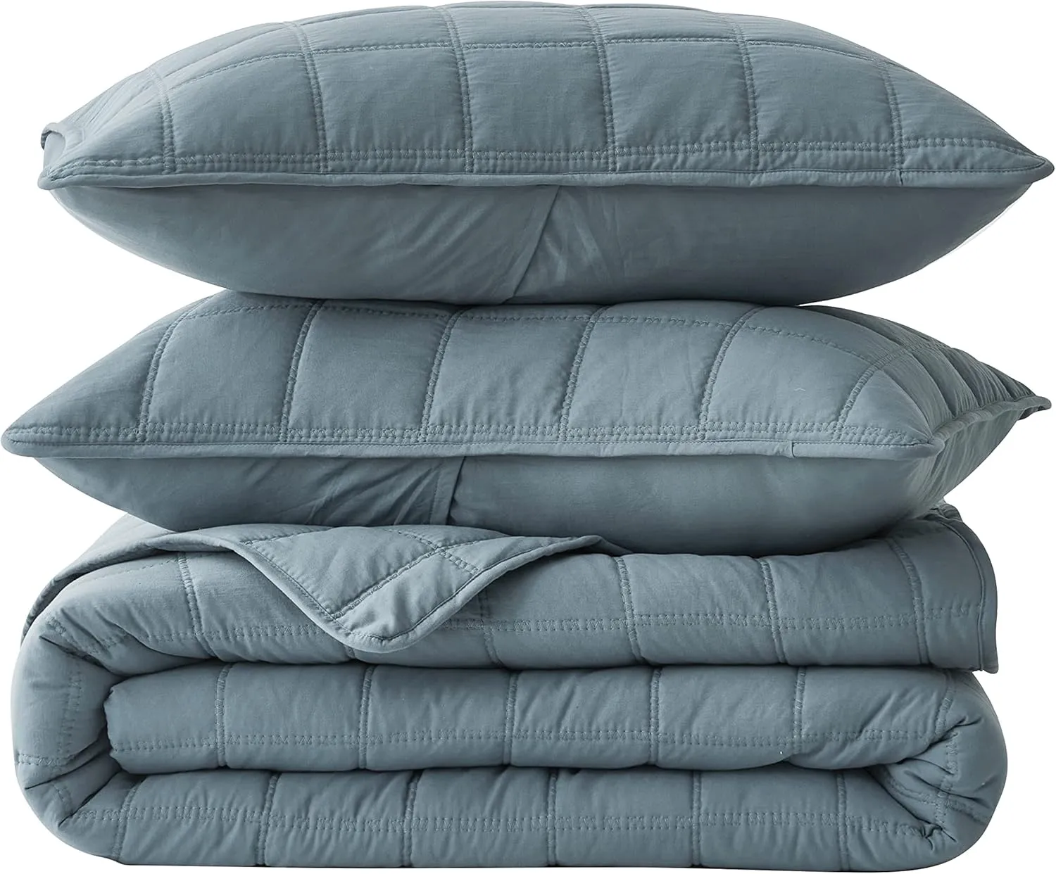 Chezmoi Collection Branson 3-Piece Dusty Blue King Size Quilt Set - Stone-Washed Detailed Square Stitch Soft Microfiber Lightweight Quilted Bedspread Coverlet Set for All Seasons