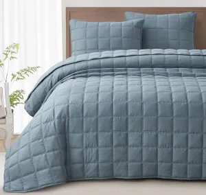 Chezmoi Collection Branson 3-Piece Dusty Blue King Size Quilt Set - Stone-Washed Detailed Square Stitch Soft Microfiber Lightweight Quilted Bedspread Coverlet Set for All Seasons