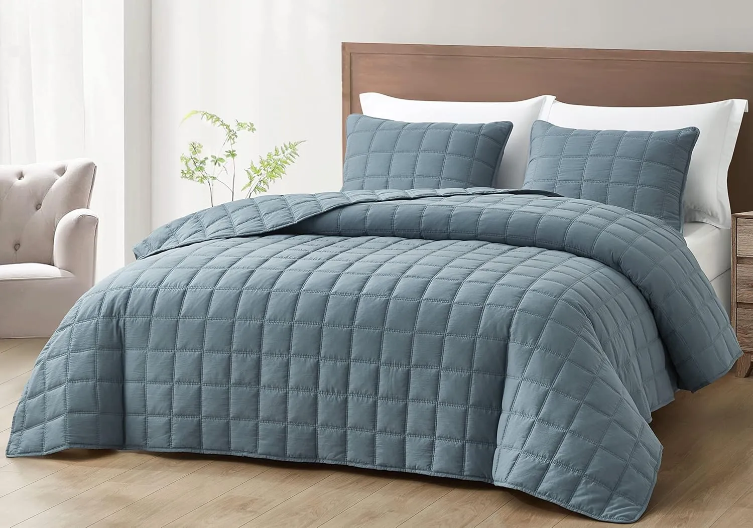 Chezmoi Collection Branson 3-Piece Dusty Blue King Size Quilt Set - Stone-Washed Detailed Square Stitch Soft Microfiber Lightweight Quilted Bedspread Coverlet Set for All Seasons