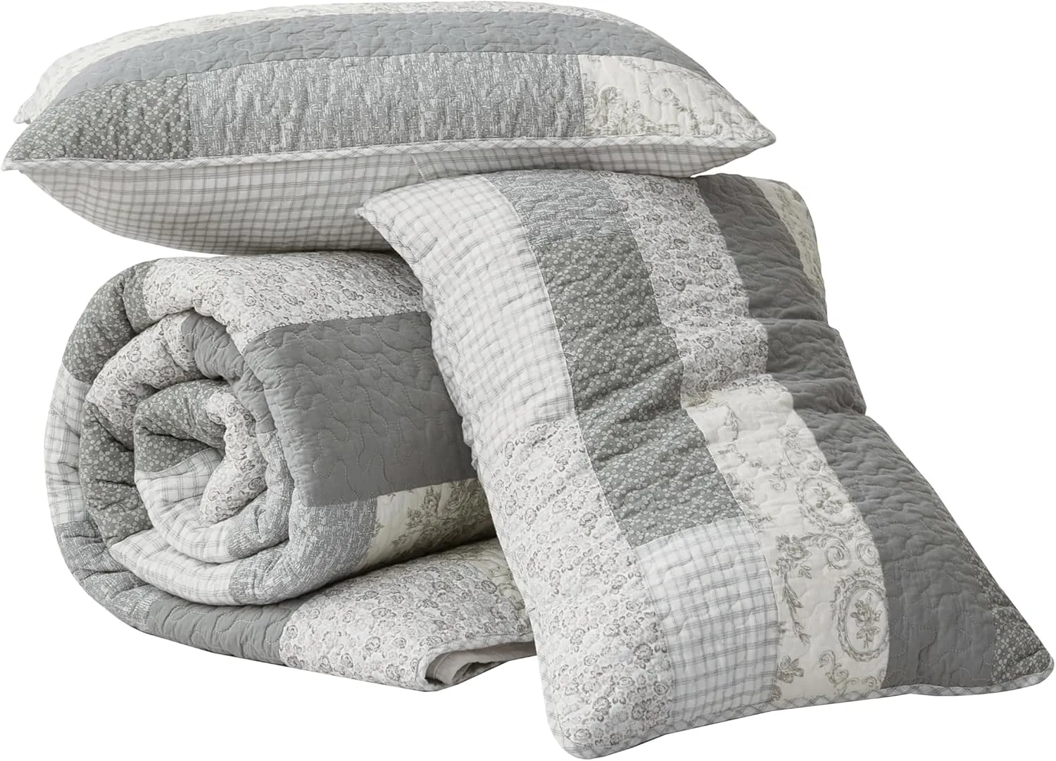 Chezmoi Collection Caleb 3-Piece Muted Gray White Ivory Floral Plaid Rectangular Patchwork Quilt Set - Pre-Washed Cotton Quilted Lightweight Reversible Bedspread for All Seasons, King Size