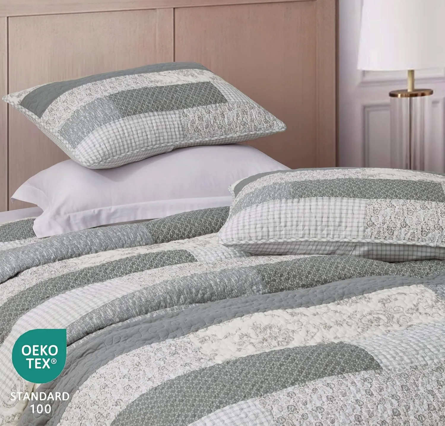 Chezmoi Collection Caleb 3-Piece Muted Gray White Ivory Floral Plaid Rectangular Patchwork Quilt Set - Pre-Washed Cotton Quilted Lightweight Reversible Bedspread for All Seasons, King Size