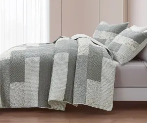 Chezmoi Collection Caleb 3-Piece Muted Gray White Ivory Floral Plaid Rectangular Patchwork Quilt Set - Pre-Washed Cotton Quilted Lightweight Reversible Bedspread for All Seasons, King Size