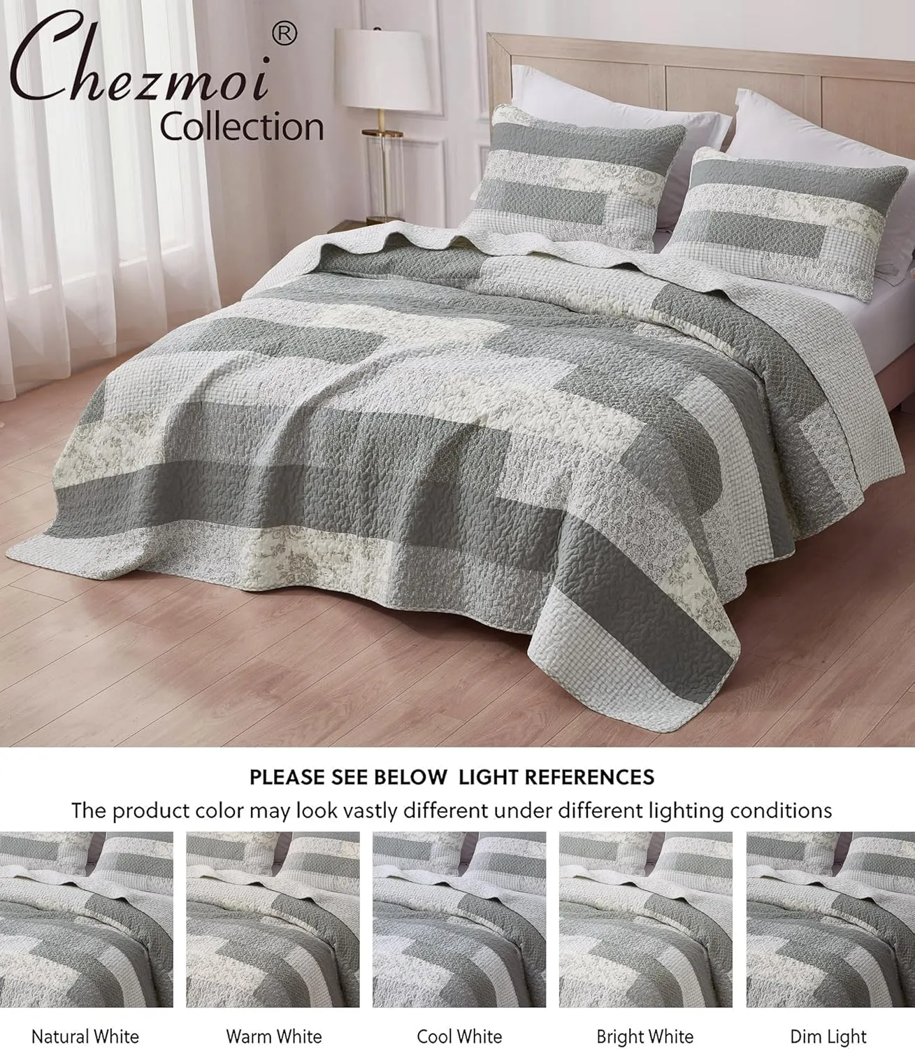 Chezmoi Collection Caleb 3-Piece Muted Gray White Ivory Floral Plaid Rectangular Patchwork Quilt Set - Pre-Washed Cotton Quilted Lightweight Reversible Bedspread for All Seasons, King Size