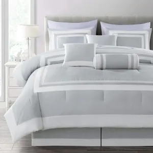 Chezmoi Collection Caprice 7-Piece Hotel Style Comforter Set - Silver/White Square Pattern Modern Color Block Bedding with Decorative Pillows - Luxurious Lightweight All Season Bed Set, Queen