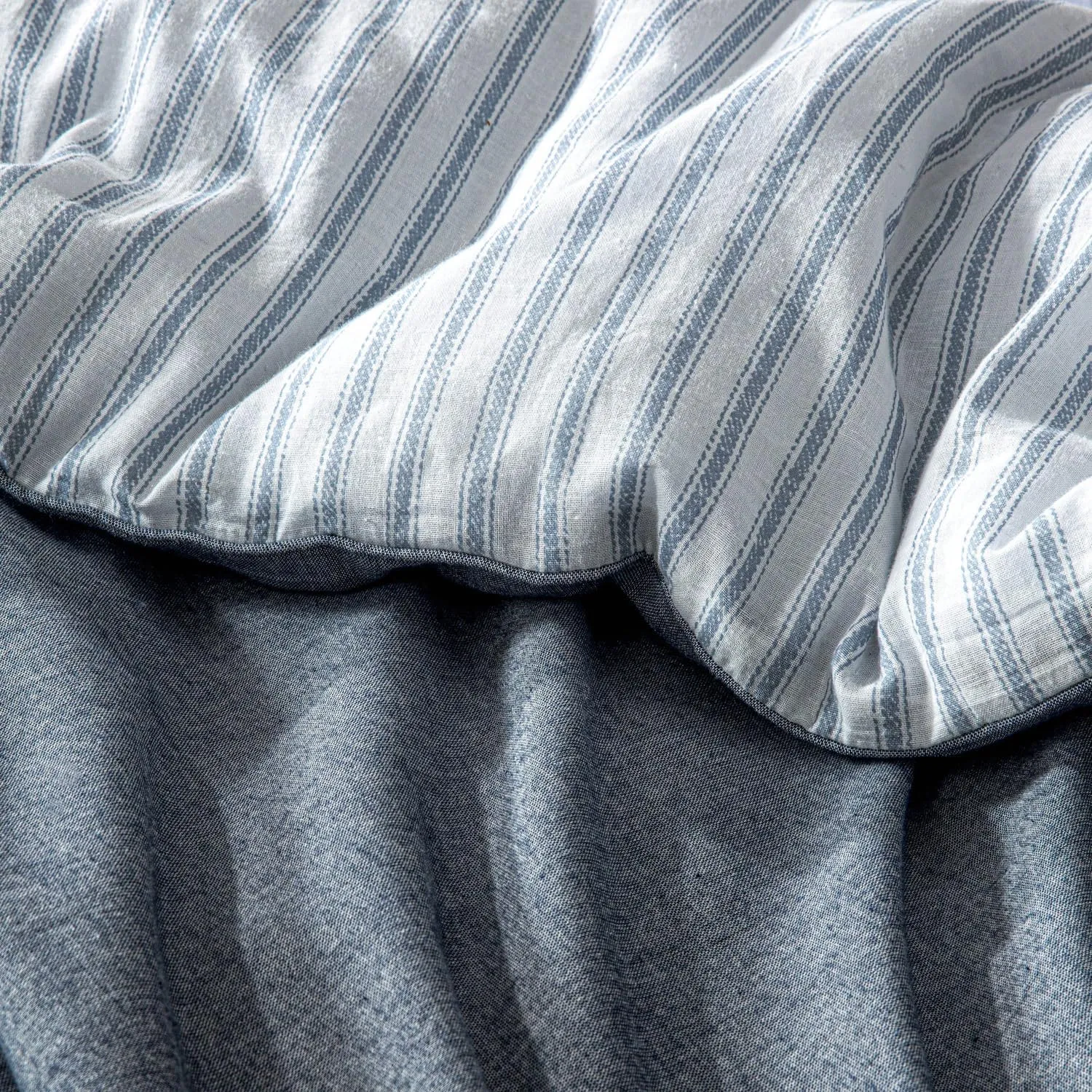 Chezmoi Collection Chambray Cotton Lightweight Comforter Set King Size 3-Piece Soft Comfy Breathable Yarn Dyed Light Denim Textured Reversible Chalk Stripe Bedding for All Season