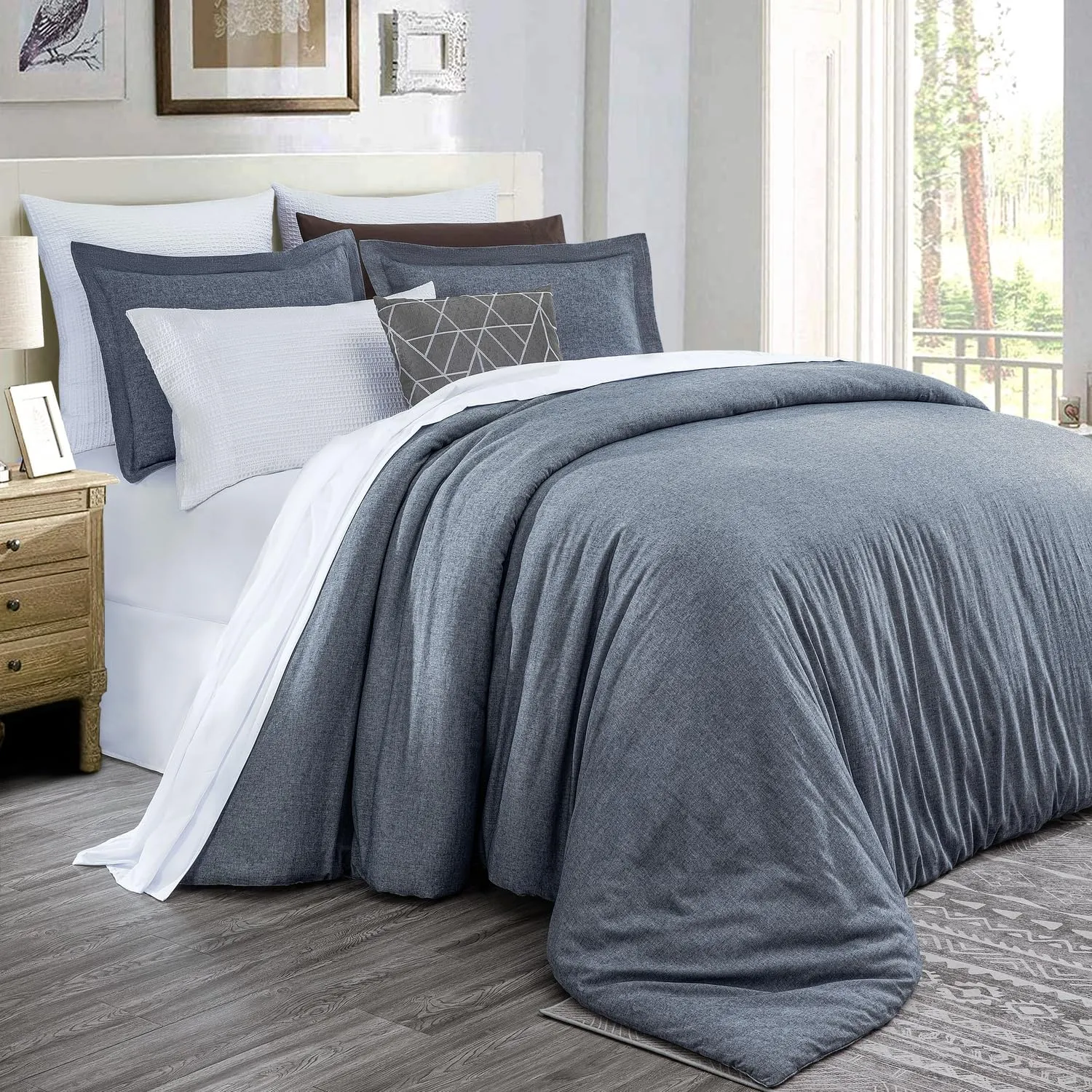 Chezmoi Collection Chambray Cotton Lightweight Comforter Set King Size 3-Piece Soft Comfy Breathable Yarn Dyed Light Denim Textured Reversible Chalk Stripe Bedding for All Season
