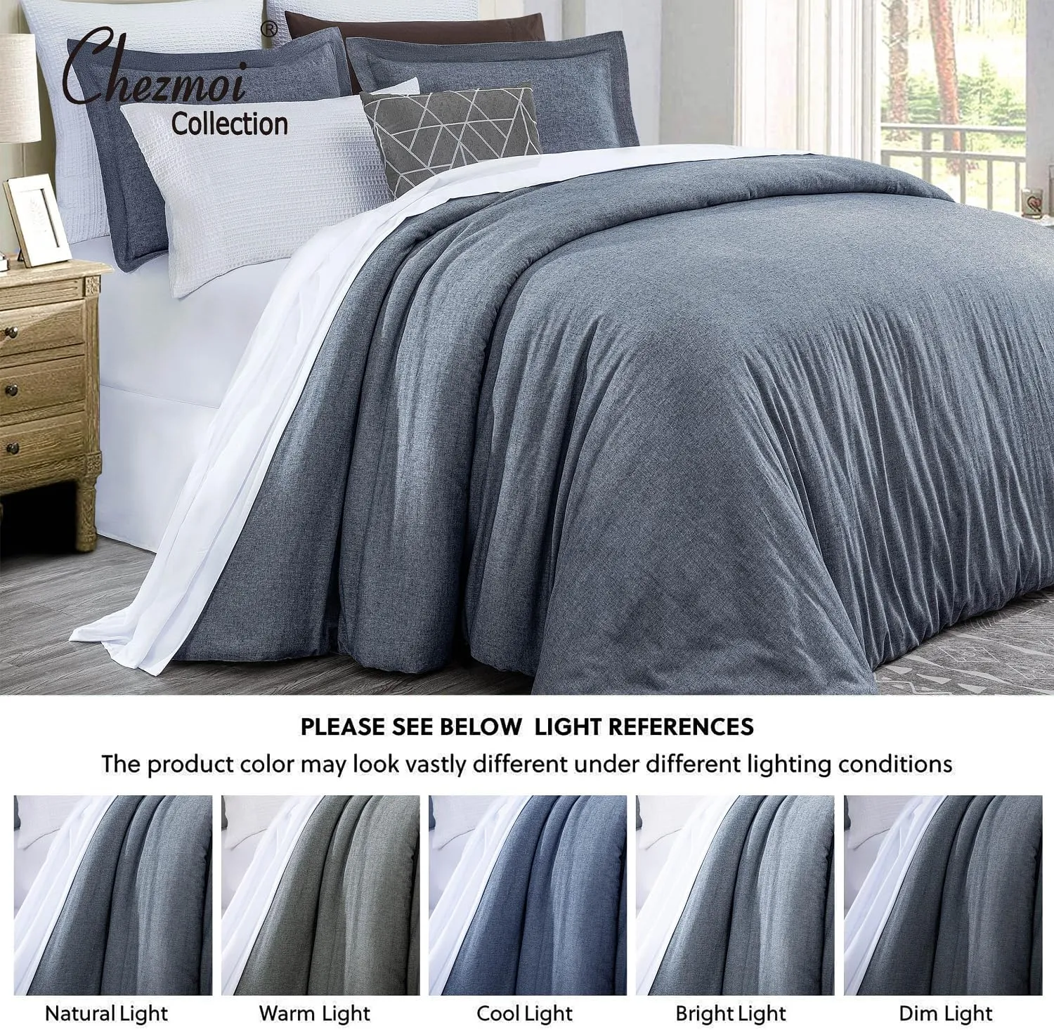 Chezmoi Collection Chambray Cotton Lightweight Comforter Set King Size 3-Piece Soft Comfy Breathable Yarn Dyed Light Denim Textured Reversible Chalk Stripe Bedding for All Season