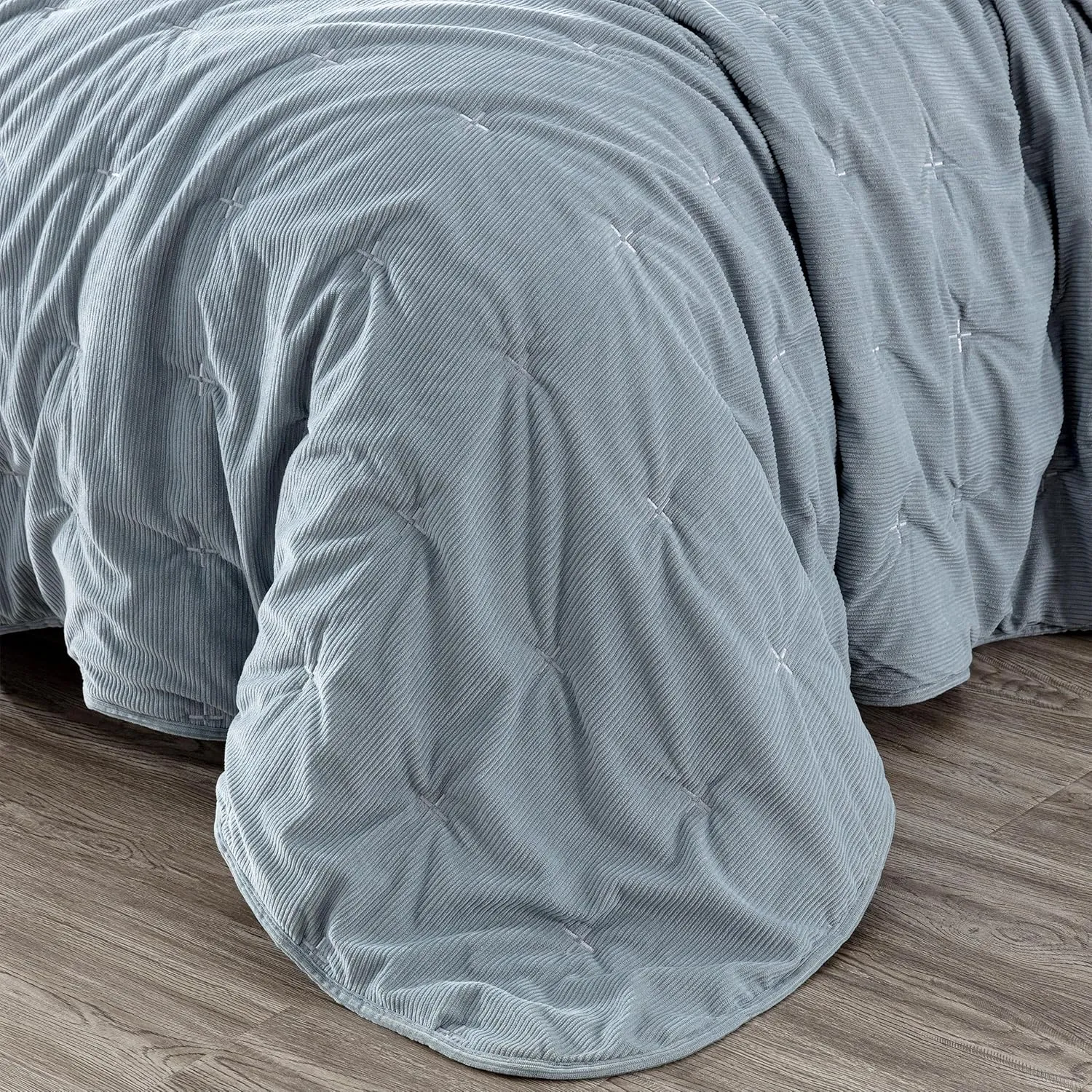 Chezmoi Collection Corduroy King Quilt Set Smoke Blue, 3-Piece Luxury Soft Cross Stitch Polyester Corduory Lightweight Bedspread, 1 Quilt 106 in x 94 in and 2 Pillow Shams 20 in x 36 in
